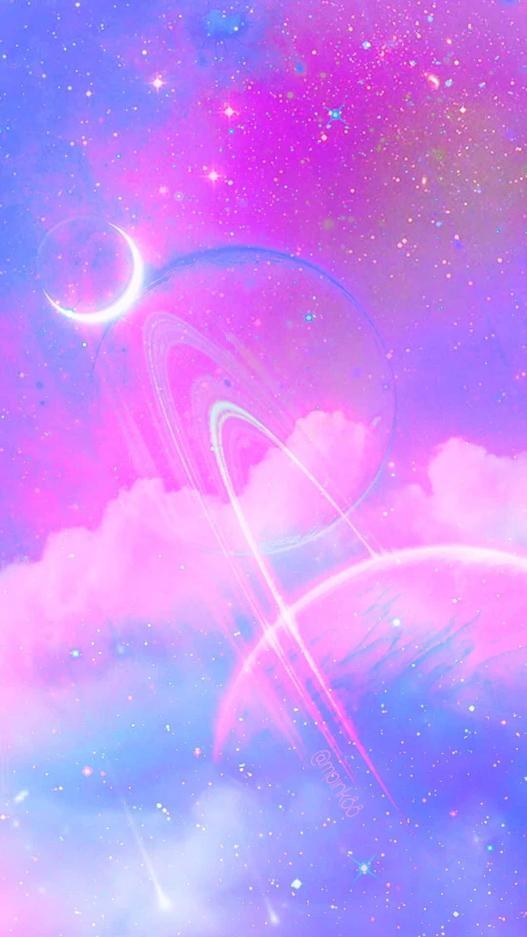 Kawaii Galaxy 桌布 壁紙 — 夢幻般的宇宙場景，新月和發光的行星在粉紅色和紫色的星雲中旋轉。