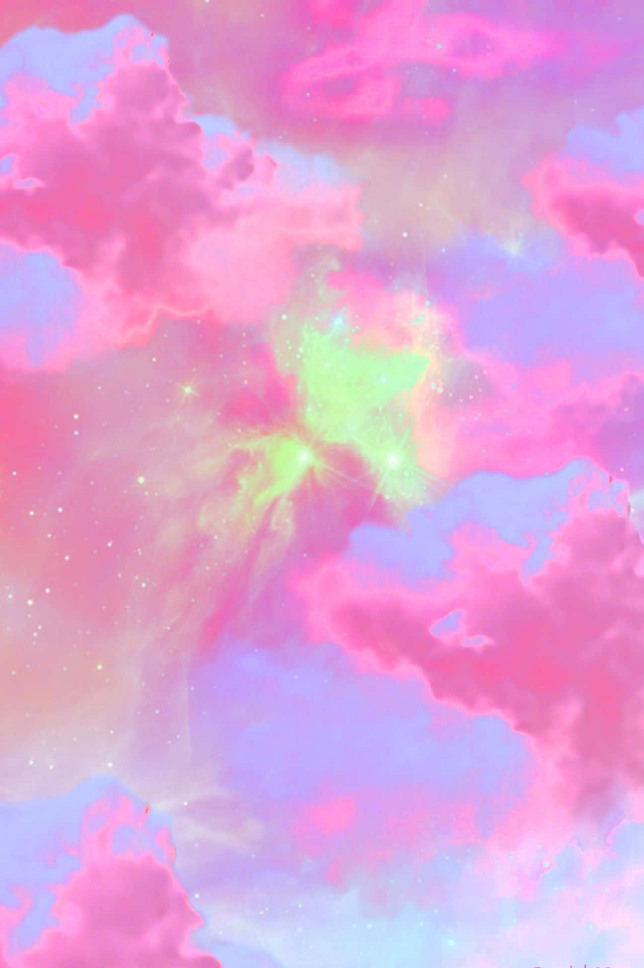 桌布 壁紙 — 夢幻般的宇宙星雲以充滿活力的粉紅色、紫色和霓虹綠色調旋轉，點綴著閃爍的星星。