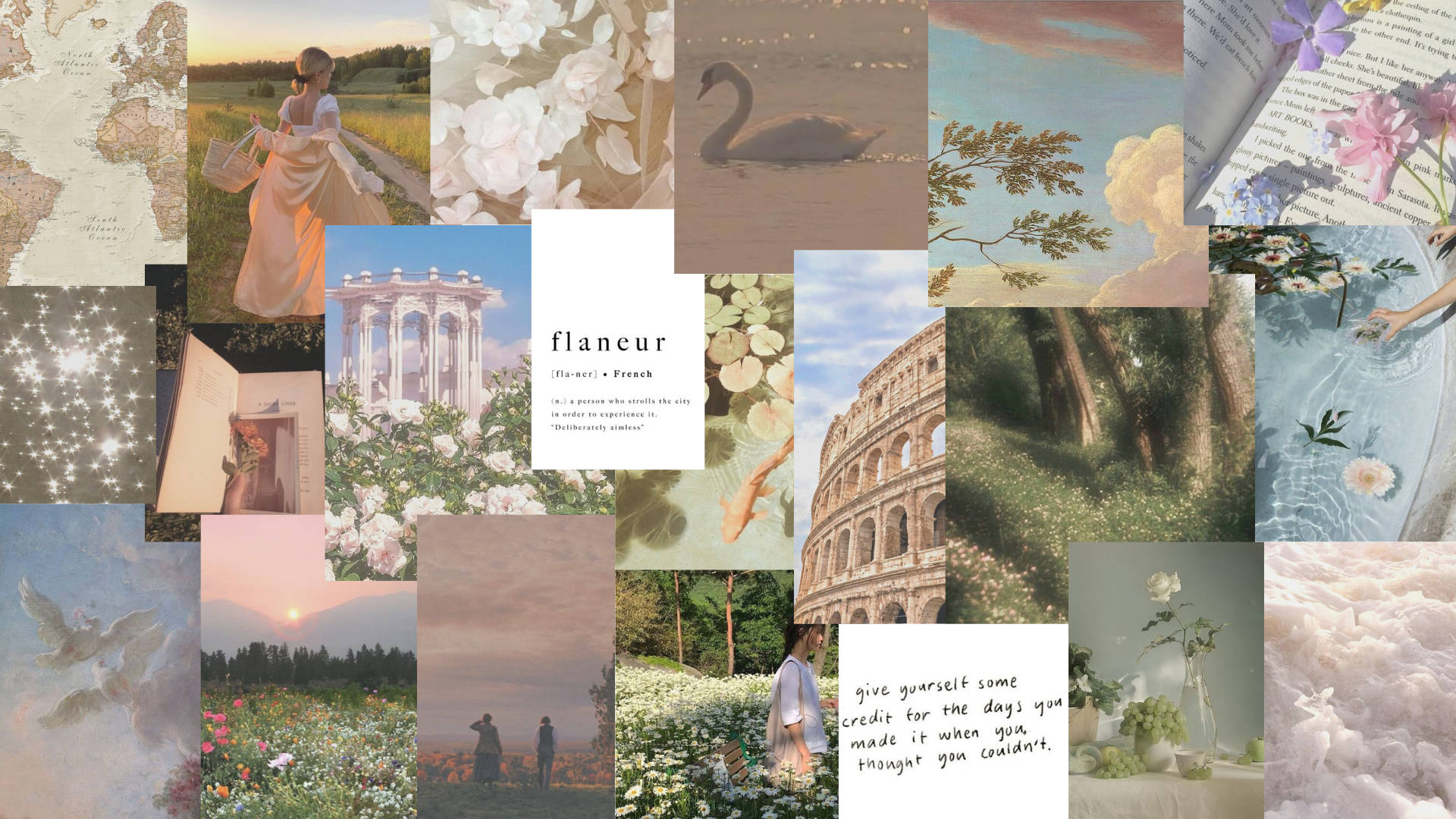 Spring Aesthetic 桌布 壁紙 — 夢幻般的粉彩場景拼貼畫， featuring 天鵝、花朵、書籍和標誌性地標，喚起寧靜的旅行慾望。