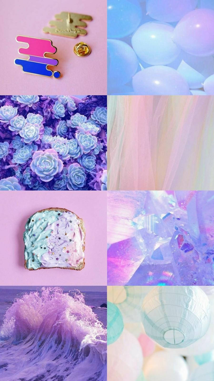 Bisexual Aesthetic 桌布 壁紙 — 夢幻般的粉彩粉紅、紫色和藍色視覺拼貼畫，包括琺瑯別針、氣球、多肉植物、吐司、水晶、波浪和燈籠。