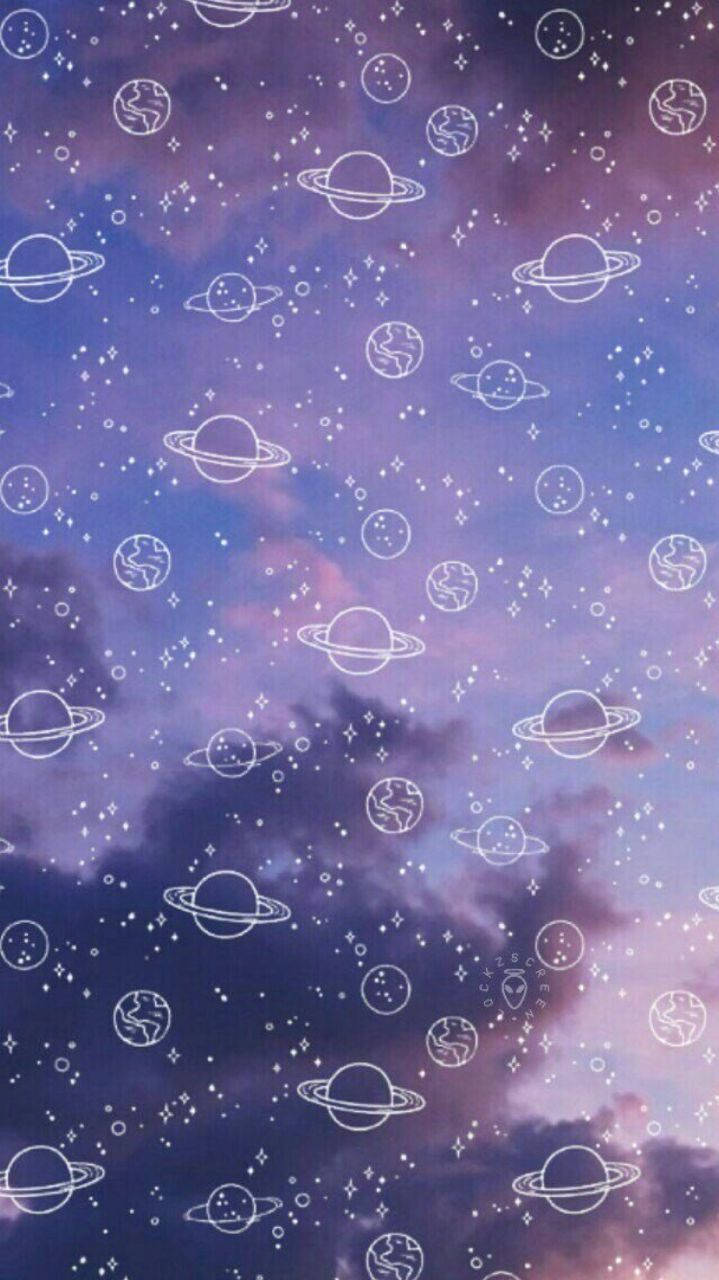 紫色美學 桌布 壁紙 — 夢幻般的紫色天空，充滿白色輪廓的行星和星星，創造出宇宙壁紙圖案。