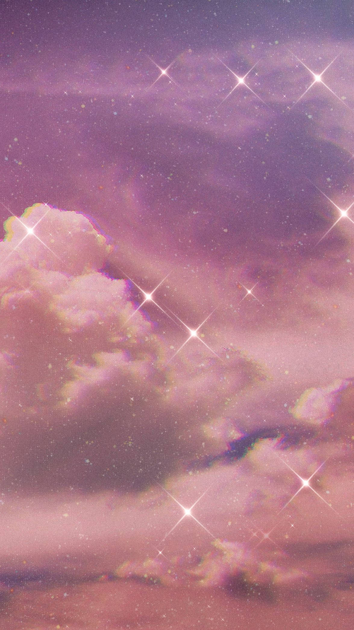 Purple Aesthetic Phone 桌布 壁紙 — 夢幻般的紫色天空，充滿閃爍的星星和柔軟的雲朵，營造出神奇的天體場景。