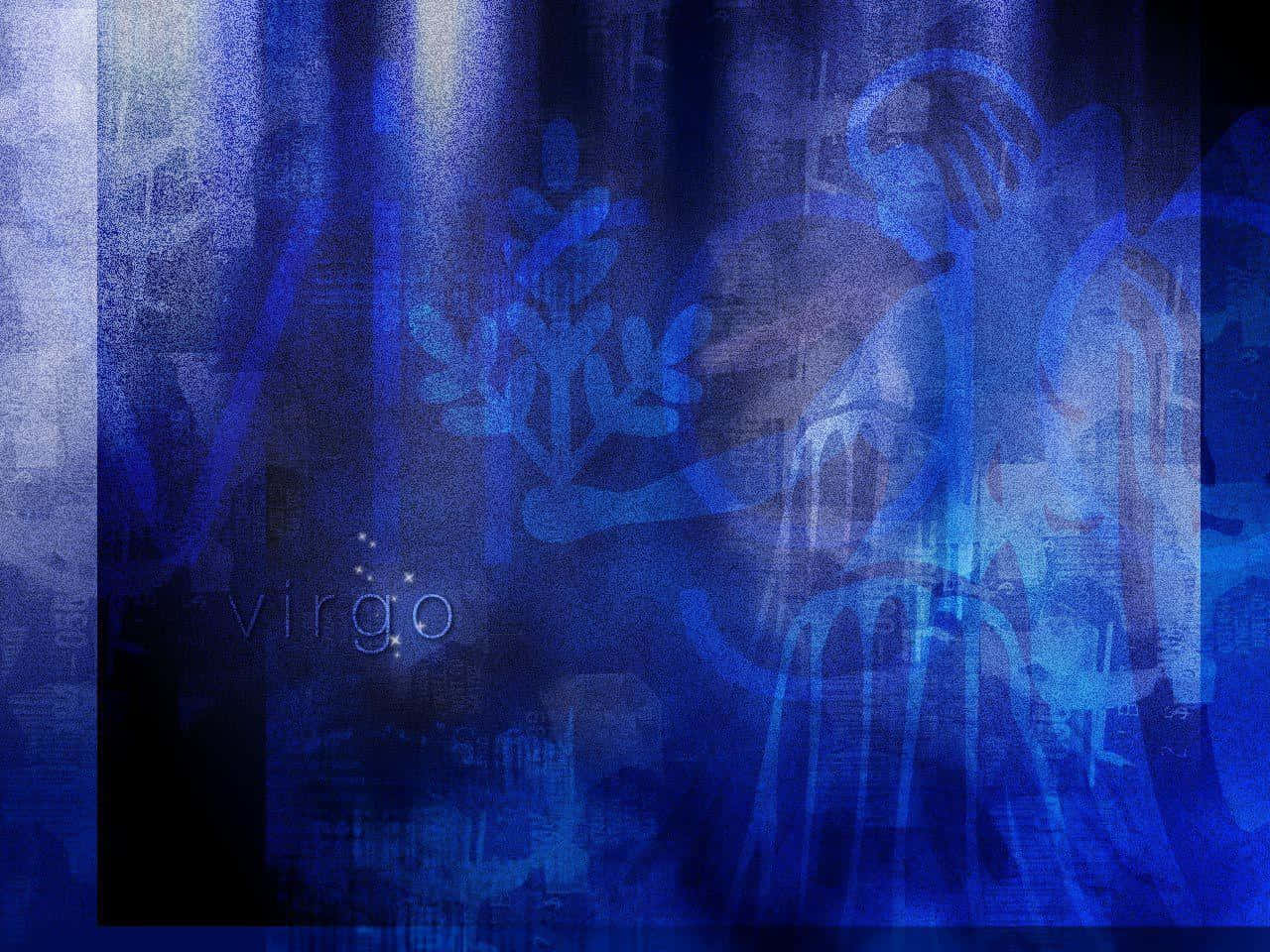 Virgo 桌布 壁紙 — 夢幻般的藍色抽象構圖，帶有微弱的處女座星座文字和幽靈般的花卉形狀。