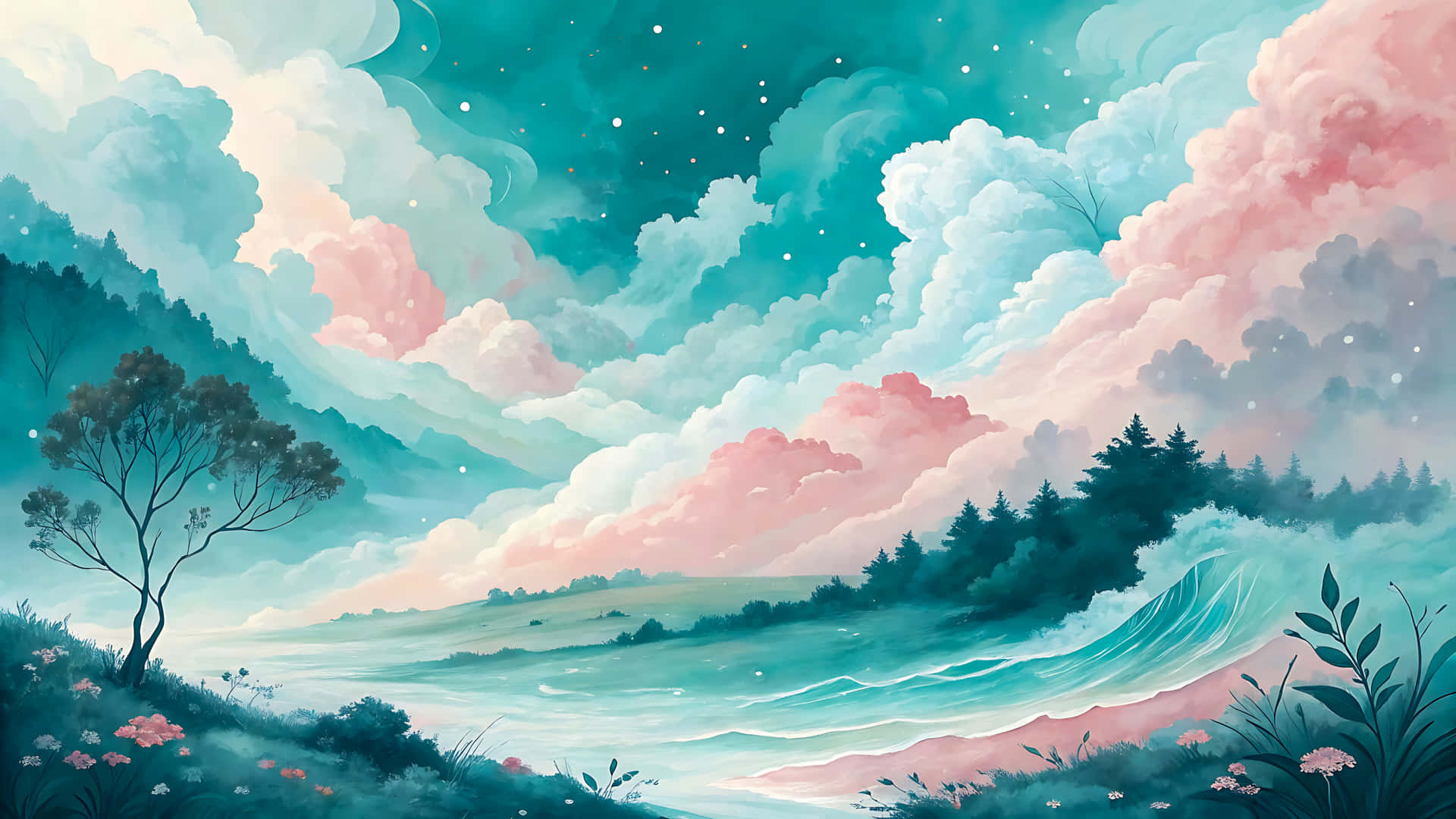 Pastel landscape with clouds, hills, and trees in a serene atmosphere 壁紙 — 夢幻般的風景，青綠色和粉紅色的雲彩在樹木繁茂的山丘上盤旋，溫柔的海浪拍打著海岸。