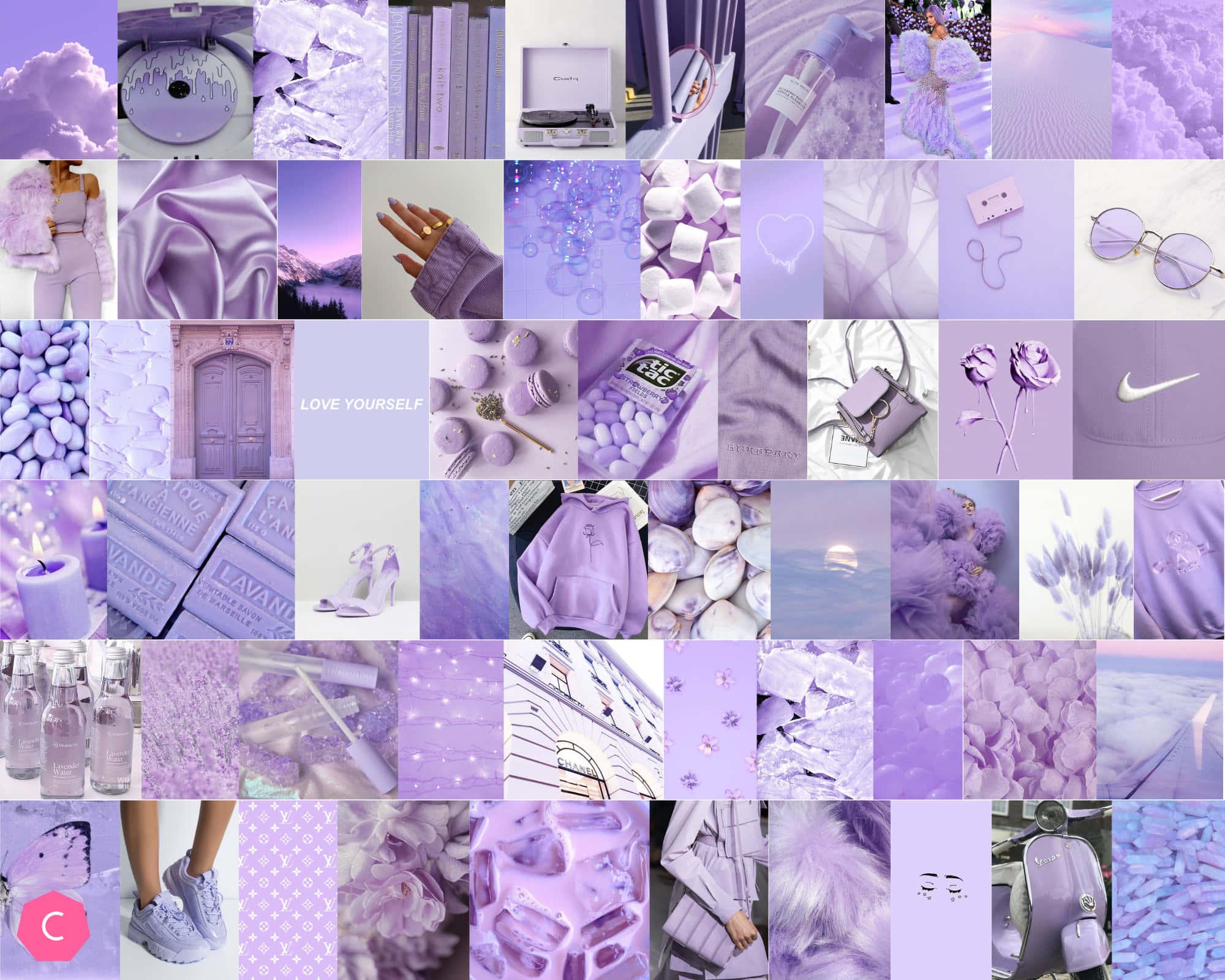 Purple Aesthetic Collage 桌布 壁紙 — 夢幻薰衣草主題拼貼畫，以柔和粉彩調呈現時尚配飾、美容產品及自然元素。