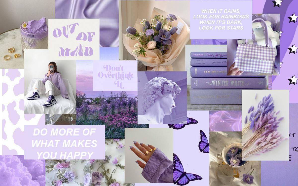 Lavender 桌布 壁紙 — 夢幻薰衣草主題拼貼畫，包含花朵、書籍、名言、蝴蝶和復古物品，採用柔和粉彩調。