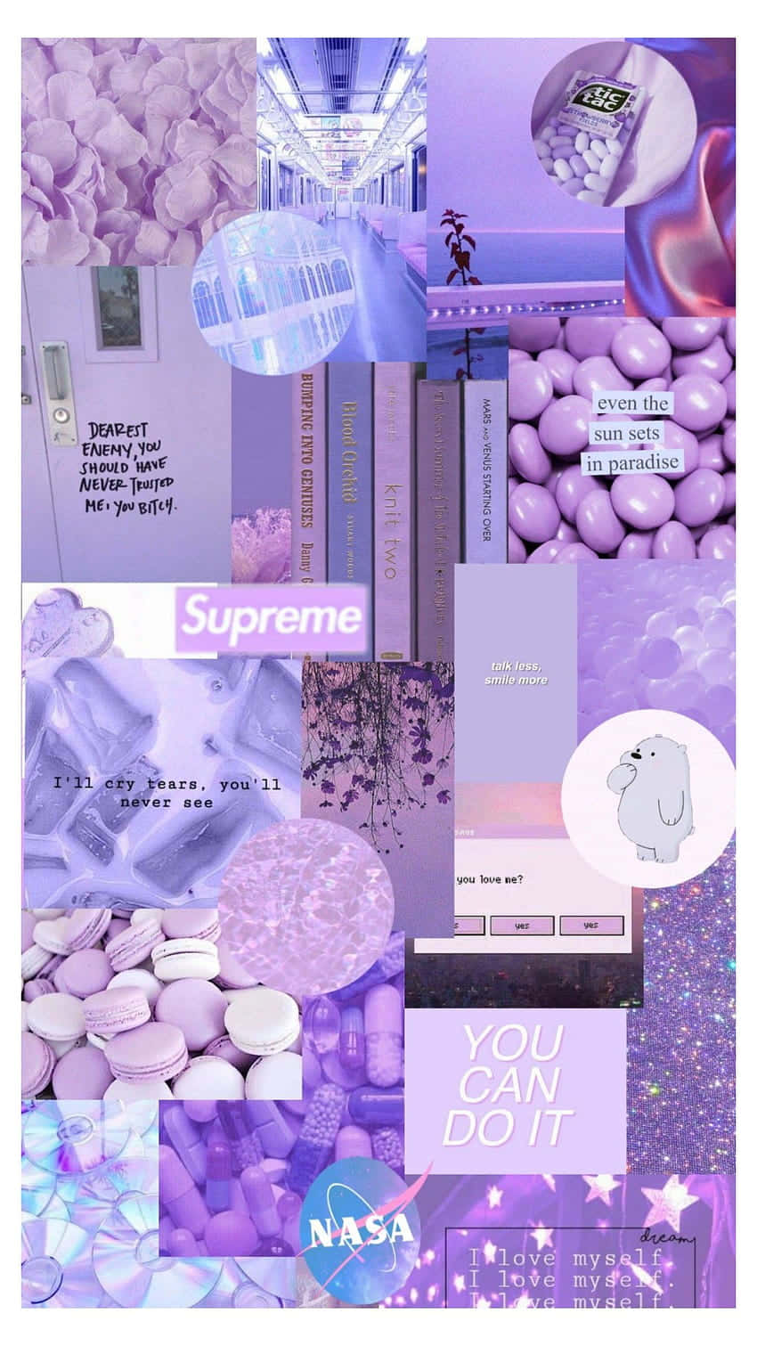 Lilac Color 桌布 壁紙 — 夢幻薰衣草拼貼，包含書籍、馬卡龍、語錄和流行文化圖標，呈現柔和粉彩美學。