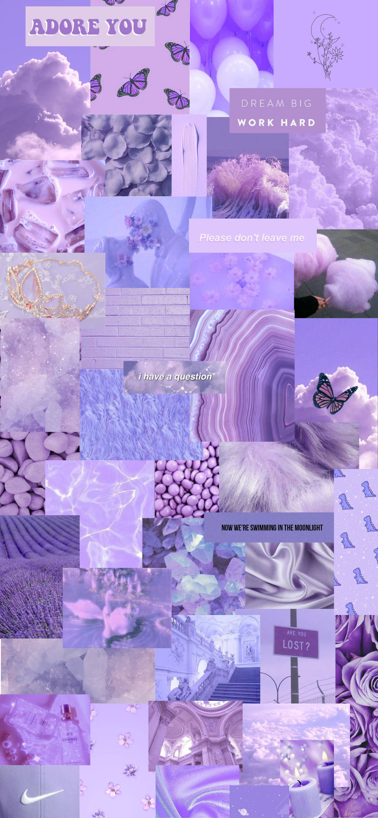 Purple Collage 桌布 壁紙 — 夢幻薰衣草拼貼畫， featuring 蝴蝶、花朵、語錄和紋理，呈現柔和粉彩美學。