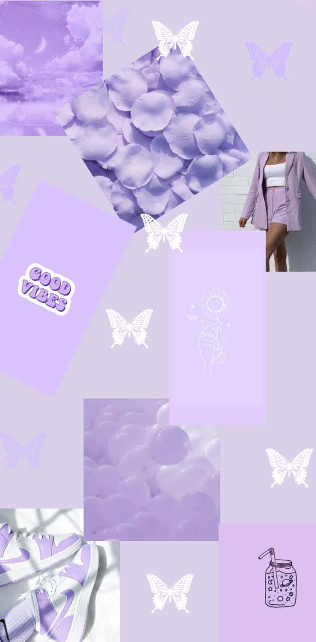 Lavender Purple 桌布 壁紙 — 夢幻薰衣草拼貼畫， featuring 蝴蝶、花瓣、運動鞋和穿著搭配服裝的人物。