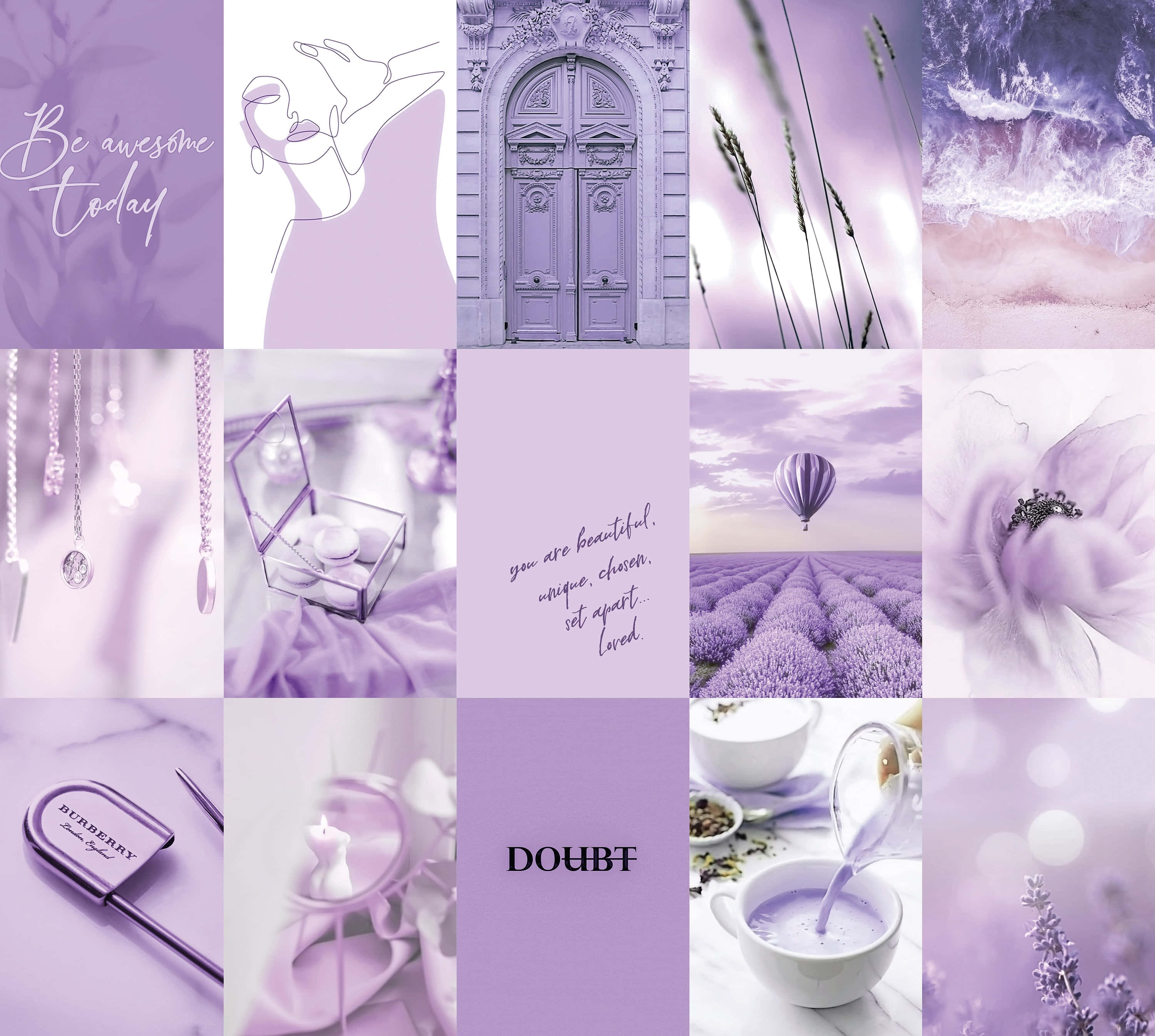 Purple Aesthetic Collage 桌布 壁紙 — 夢幻薰衣草拼貼畫，以華麗的門、熱氣球和柔和粉彩色的手寫肯定語為特色。