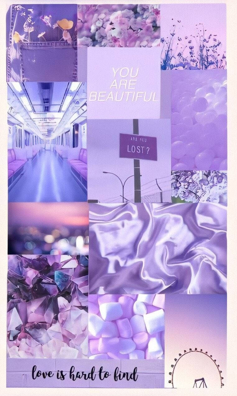 Kawaii Purple 桌布 壁紙 — 夢幻薰衣草拼貼畫，包含花朵、火車、絲綢、棉花糖和勵志語錄，採用柔和粉彩調。