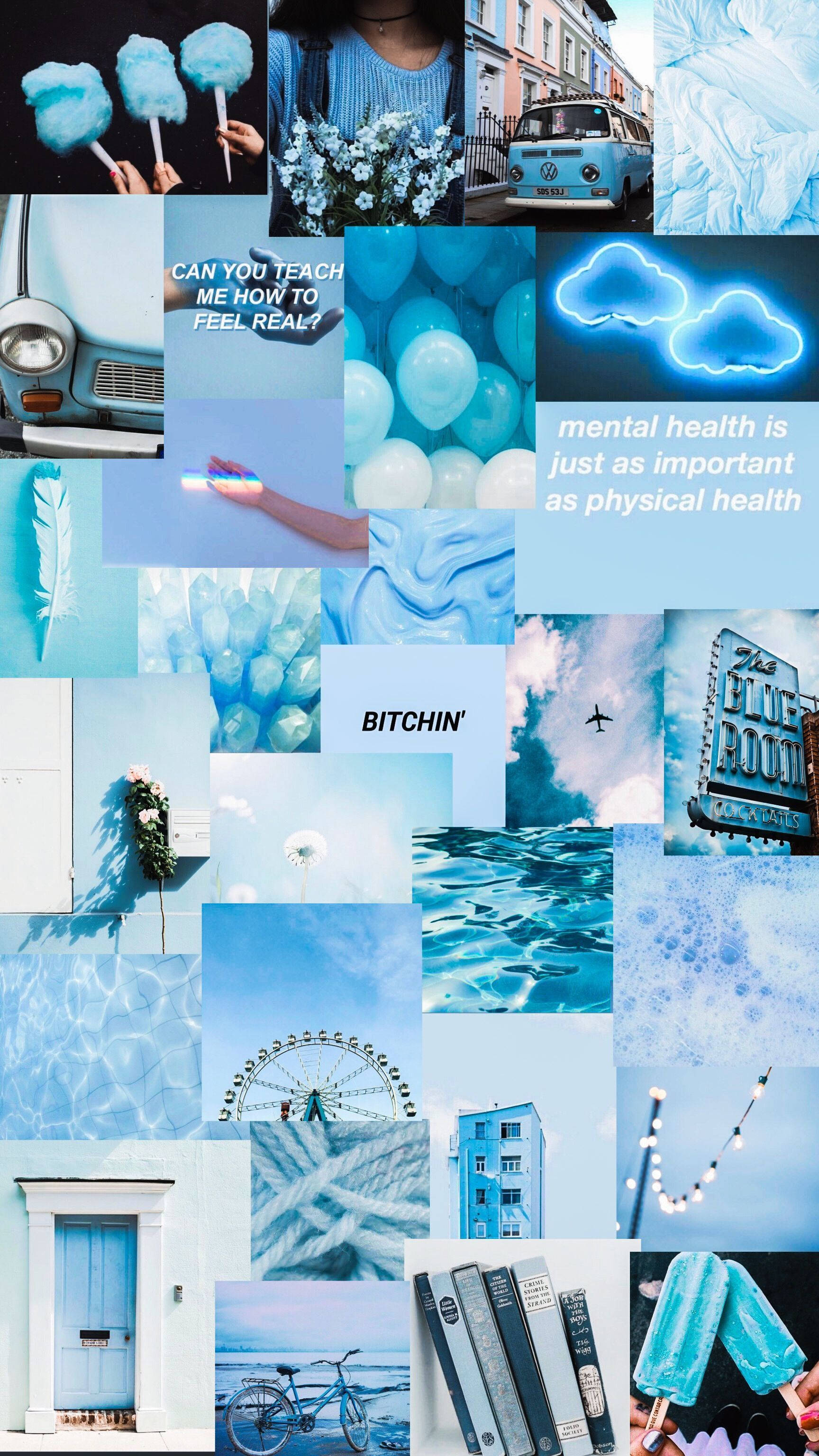 Cute Collage 桌布 壁紙 — 夢幻藍色調拼貼畫，包含棉花糖雲朵、氣球、復古汽車和心理健康肯定語。