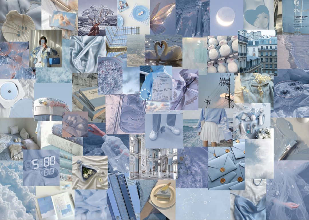 Pastel Blue Aesthetic Tumblr 桌布 壁紙 — 夢幻藍色調拼貼畫，融合了粉彩天空、天鵝、城市景觀和柔軟布料，營造出寧靜的美感。