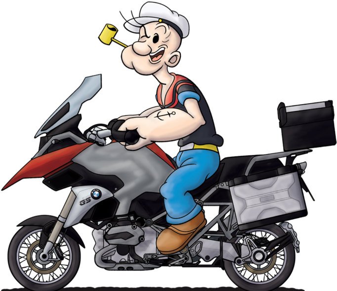 Cartoon Characters 桌布 壁紙 — 大力水手卜派騎著銀色和紅色的BMW GS摩托車，叼著黃色煙斗冒煙，背景為黑色。
