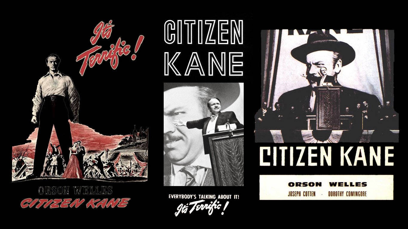 Citizen Kane 桌布 壁紙 — 《大國民》復古電影海報拼貼， featuring 奧森·威爾斯，戲劇性的黑白與紅色影像。