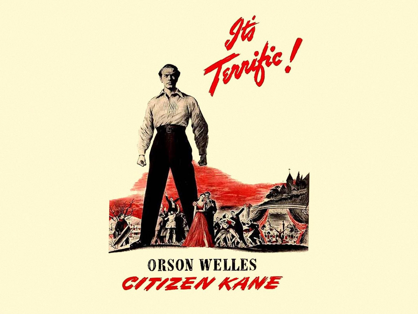Citizen Kane 桌布 壁紙 — 《大國民》的復古電影海報展示奧森·威爾斯高聳於混亂場景之上，帶有紅色點綴和粗體字體。