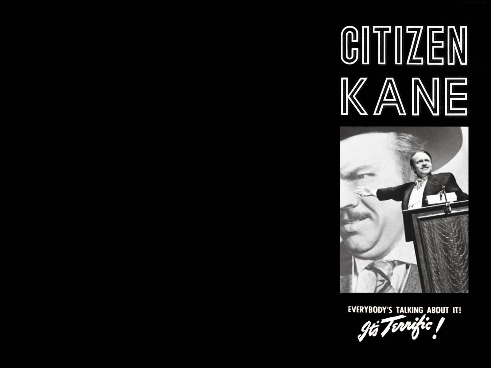 Citizen Kane 桌布 壁紙 — 《大國民》經典黑白電影海報，一名男子在講台上，粗體文字和標語。