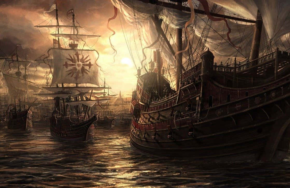 海盜船 桌布 壁紙 — 大型帆船帶著破爛的帆，在金色夕陽下航行於波濤洶湧的海域，在波浪上投下戲劇性的陰影。