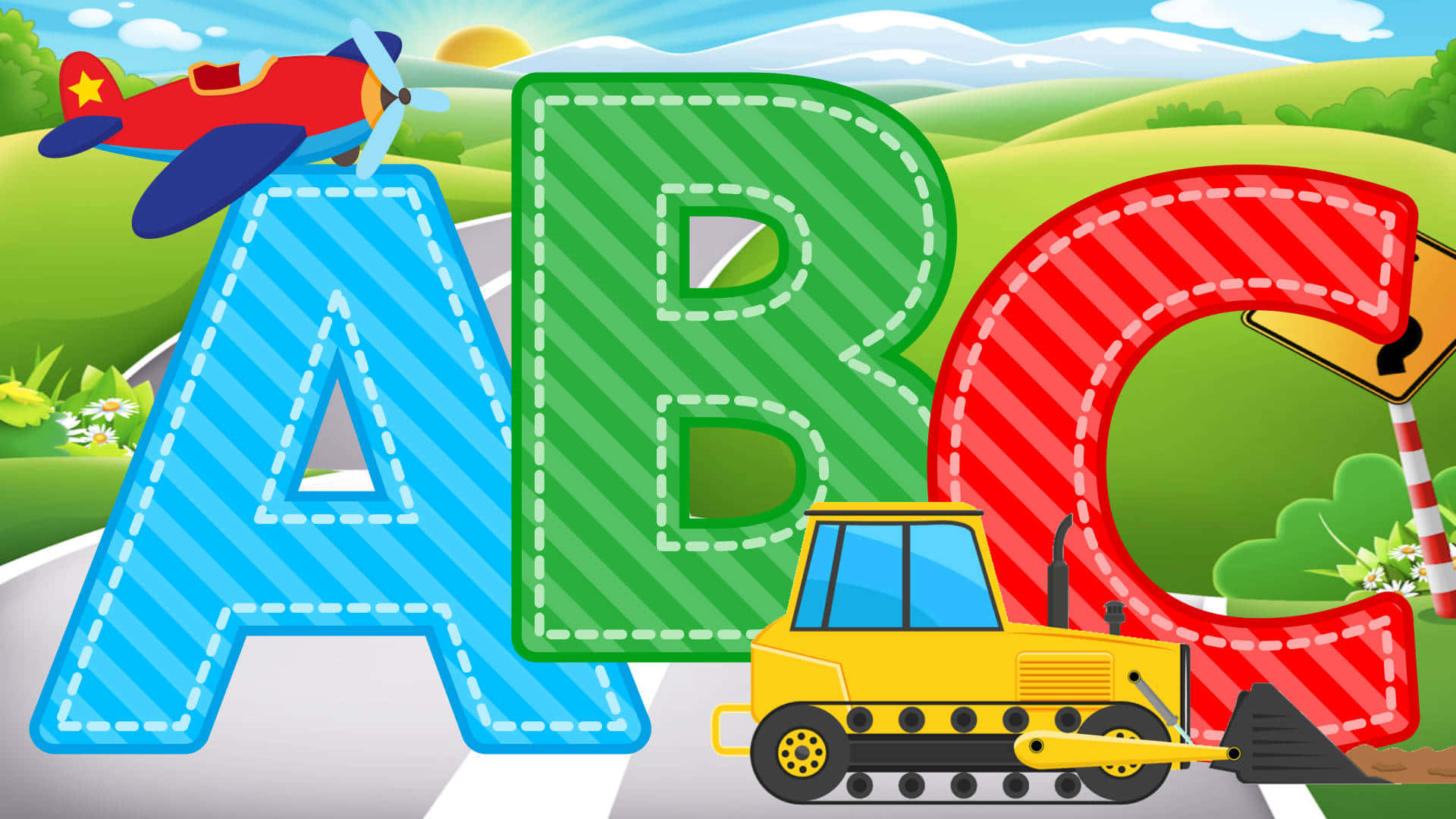 字母動畫 桌布 壁紙 — 大型彩色縫合字母 A B C，帶有紅色飛機和黃色推土機，位於蜿蜒的道路上，穿過陽光明媚的綠色景觀。