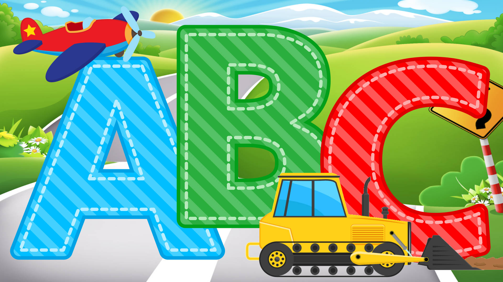 abc 桌布 壁紙 — 大型彩色縫製字母ABC，紅色飛機和黃色推土機在蜿蜒的道路上穿過陽光明媚的綠色景觀。