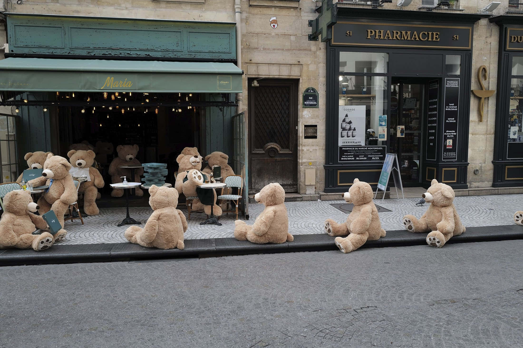 Teddy Bear 桌布 壁紙 — 大型泰迪熊坐在戶外咖啡桌旁，並排列在歐洲城市一家藥房和咖啡館前的人行道上。