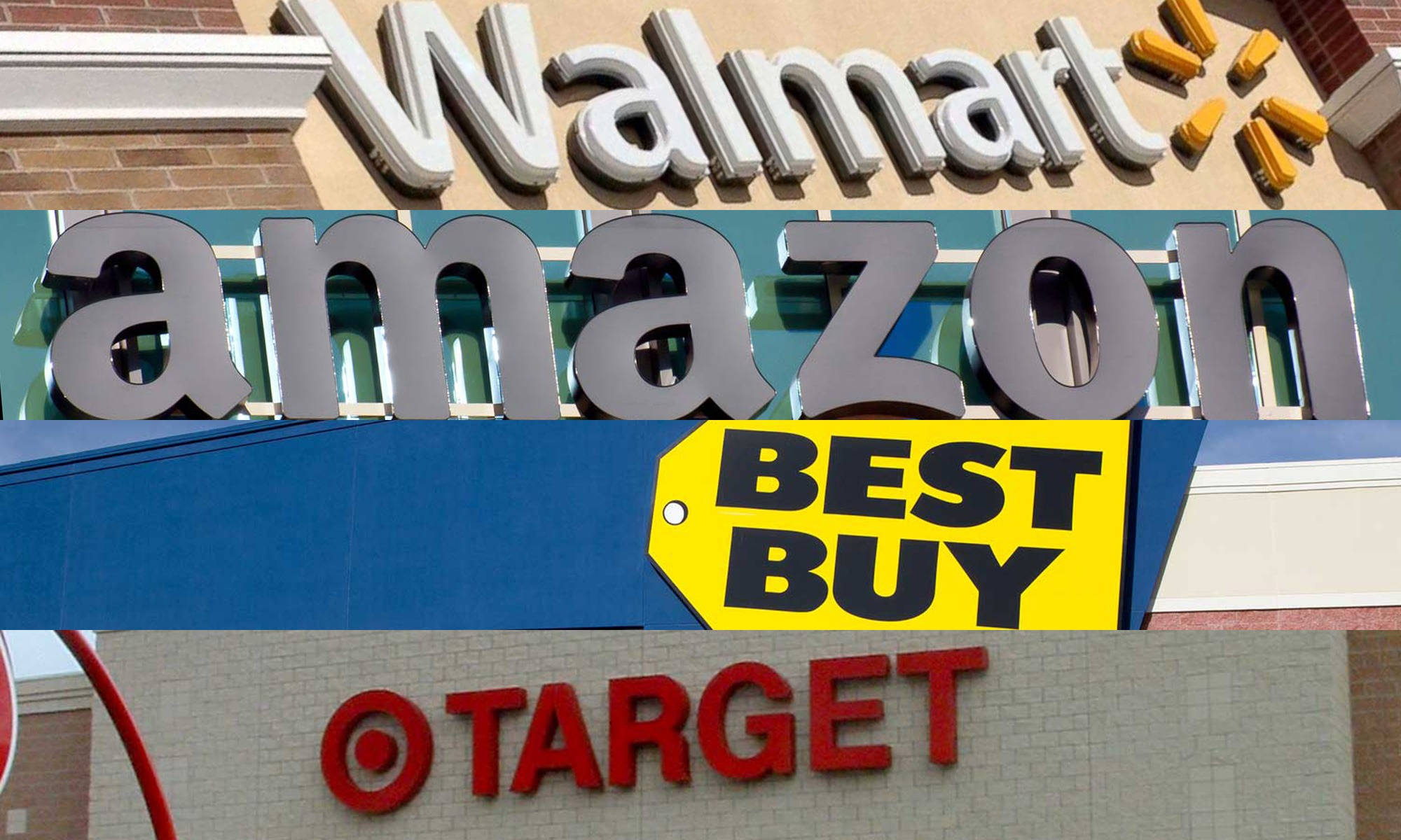 buy 桌布 壁紙 — 大型零售商店招牌的拼貼畫，包括 Walmart、Amazon、Best Buy 和 Target，並排顯示在建築物外牆上。