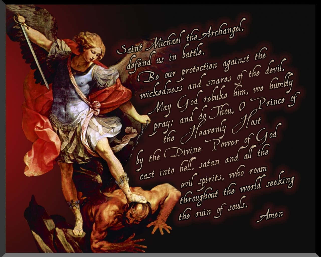 Saint Michael 桌布 壁紙 — 大天使聖米迦勒在深紅色背景和華麗文字中，勝利地與墮落惡魔戰鬥。