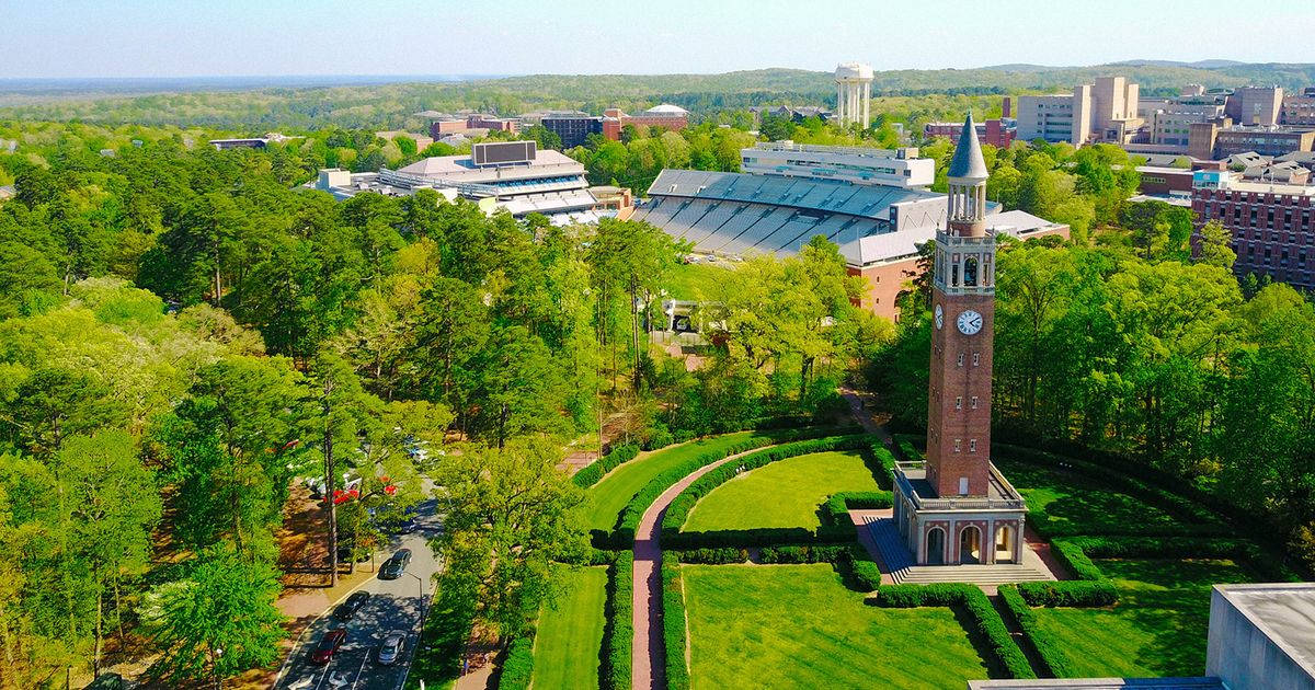 North Carolina 桌布 壁紙 — 大學校園的鳥瞰圖，有一座突出的鐘樓，周圍環繞著茂密的綠樹和修剪整齊的草坪，在明亮的日光下。