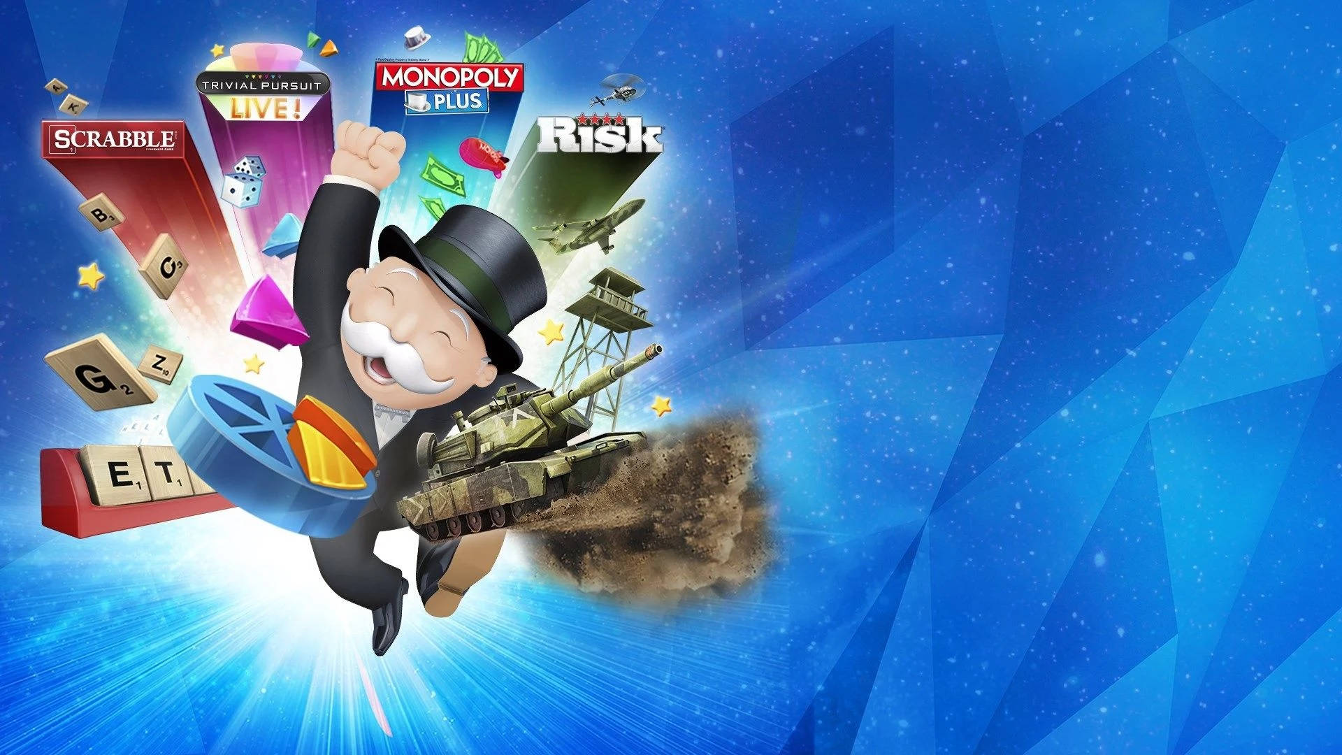 Monopoly 桌布 壁紙 — 大富翁先生愉快地跳過一個宇宙藍色背景，周圍漂浮著遊戲圖標和一輛坦克。