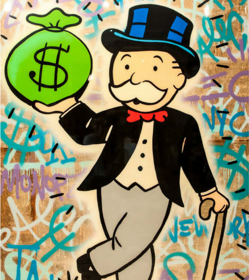 Monopoly Man 桌布 壁紙 — 大富翁卡通人物手持綠色錢袋，背景是帶有美元符號和紐約標籤的塗鴉牆。