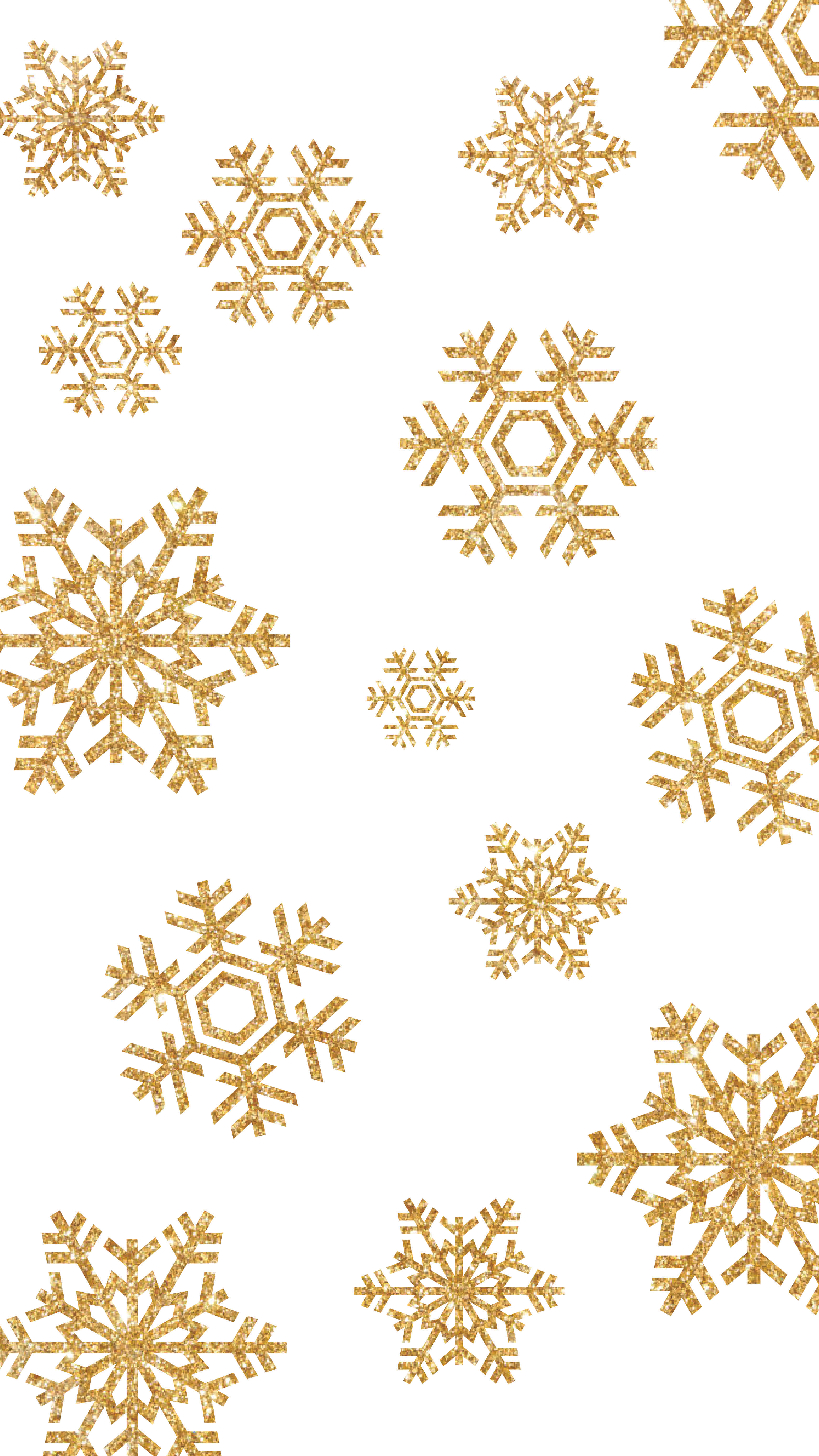 十二月 桌布 壁紙 — 大小不一的金色閃粉雪花漂浮在純白背景上。