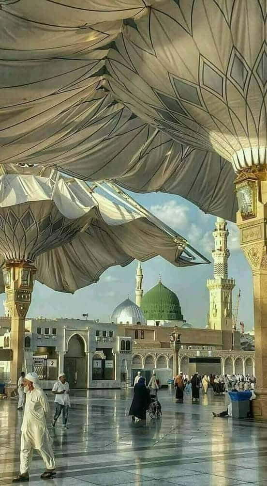 Mecca Kaaba 桌布 壁紙 — 大清真寺庭院，有垂掛織物天篷，金色柱子和綠色圓頂下的禮拜者。