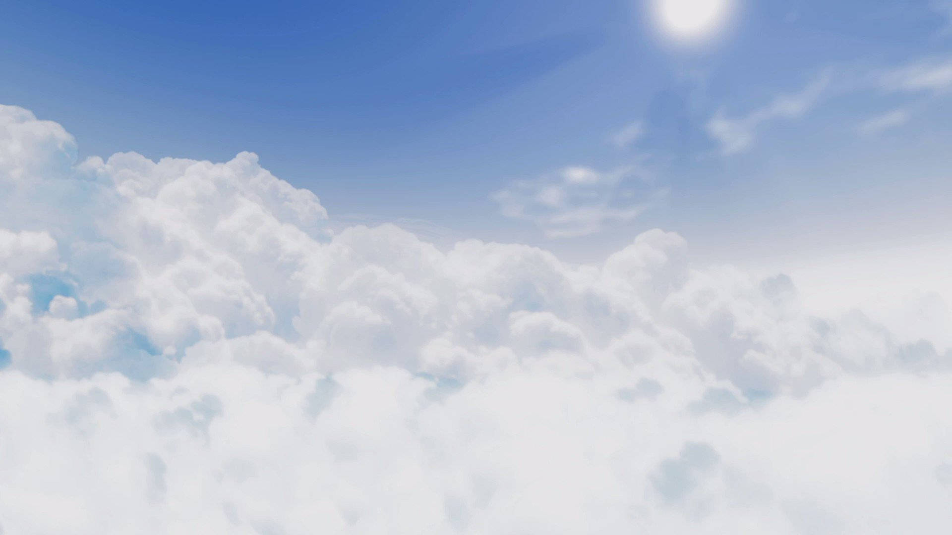 雲朵 桌布 壁紙 — 大片蓬鬆的白雲在清澈的藍天下飄動，明亮的太陽散發出柔和的光芒。