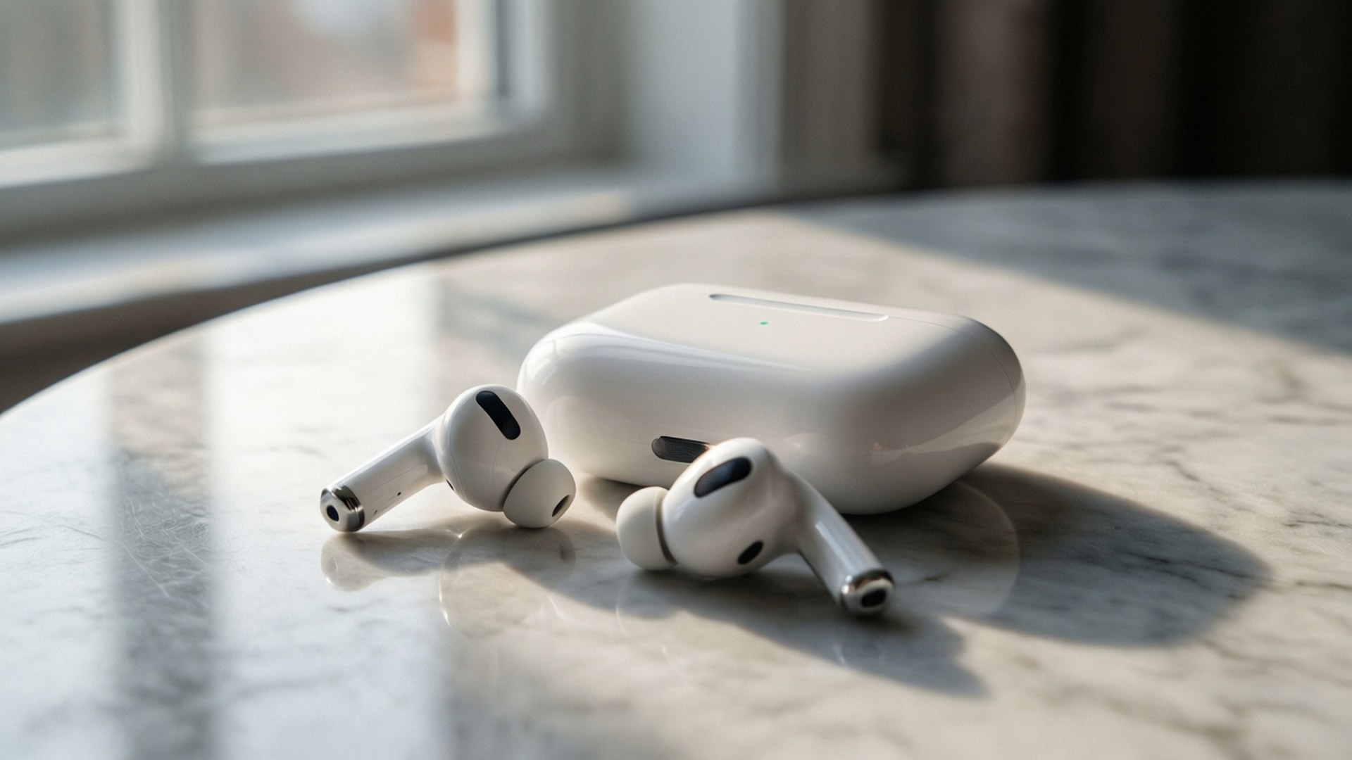 大理石優雅 AirPods 壁紙 — 白色無線耳機和充電盒放在一張大理石桌上，沐浴在附近窗戶透進的柔和自然光中。