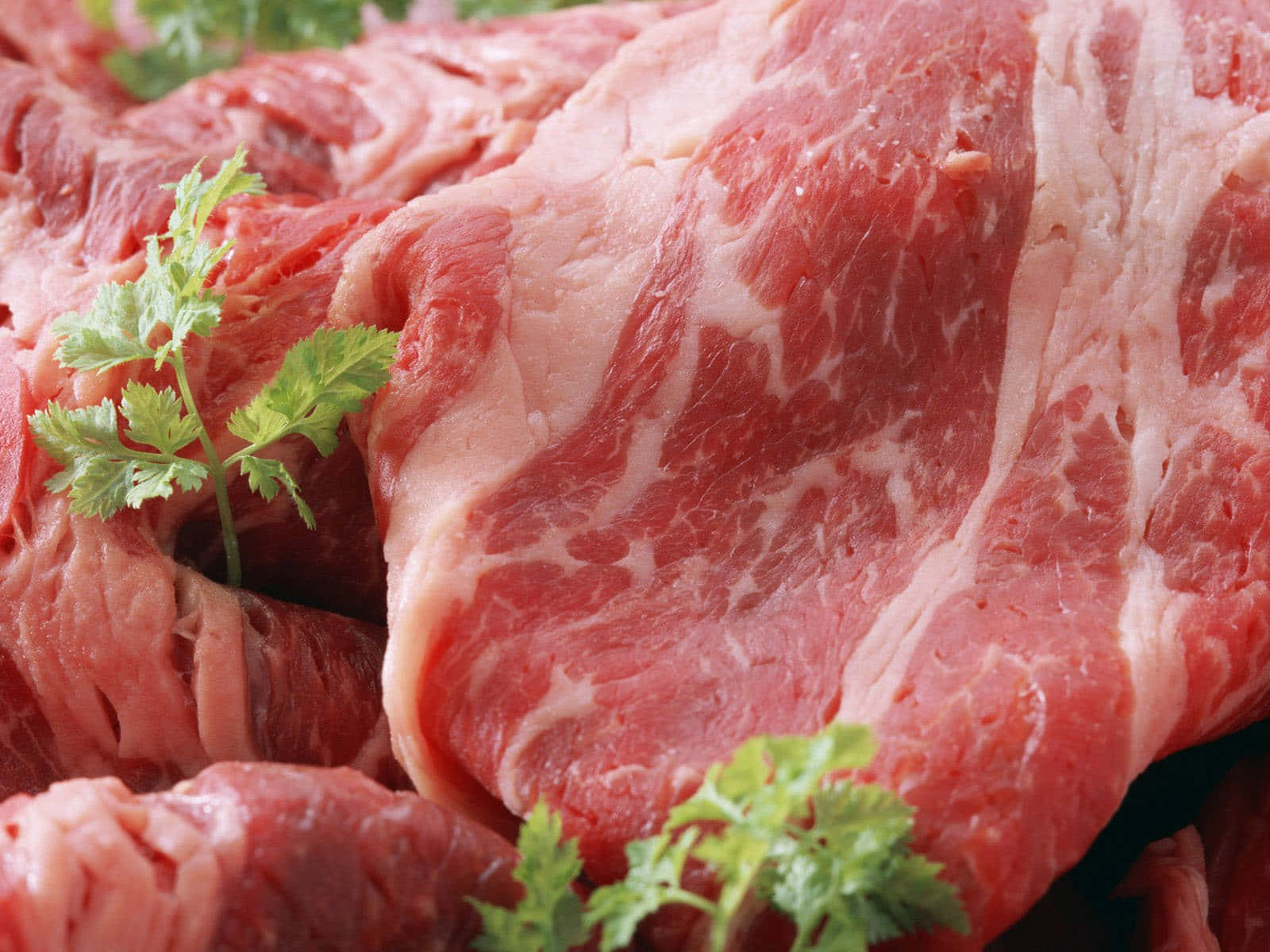Red Meat 桌布 壁紙 — 大理石紋生牛肉的特寫，新鮮綠色香菜葉散落在豐富的紅色表面上。