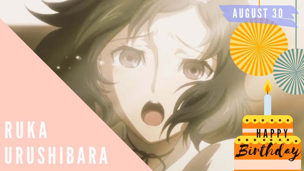 Luka Urushibara 桌布 壁紙 — 大眼睛、張開嘴的動漫女孩用蛋糕和紙扇慶祝生日。