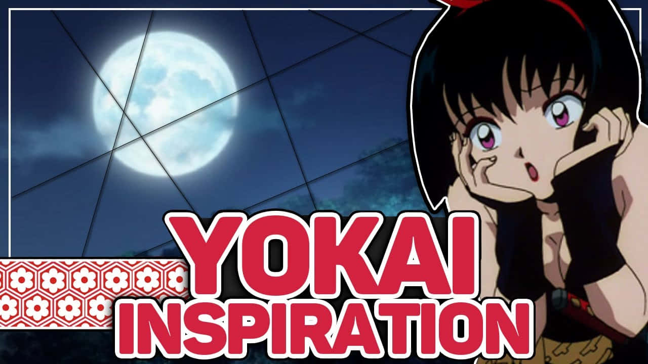 Inuyasha Yura 桌布 壁紙 — 大眼睛的動漫女孩仰望被幾何網格框住的滿月，背景是黑暗的夜空。