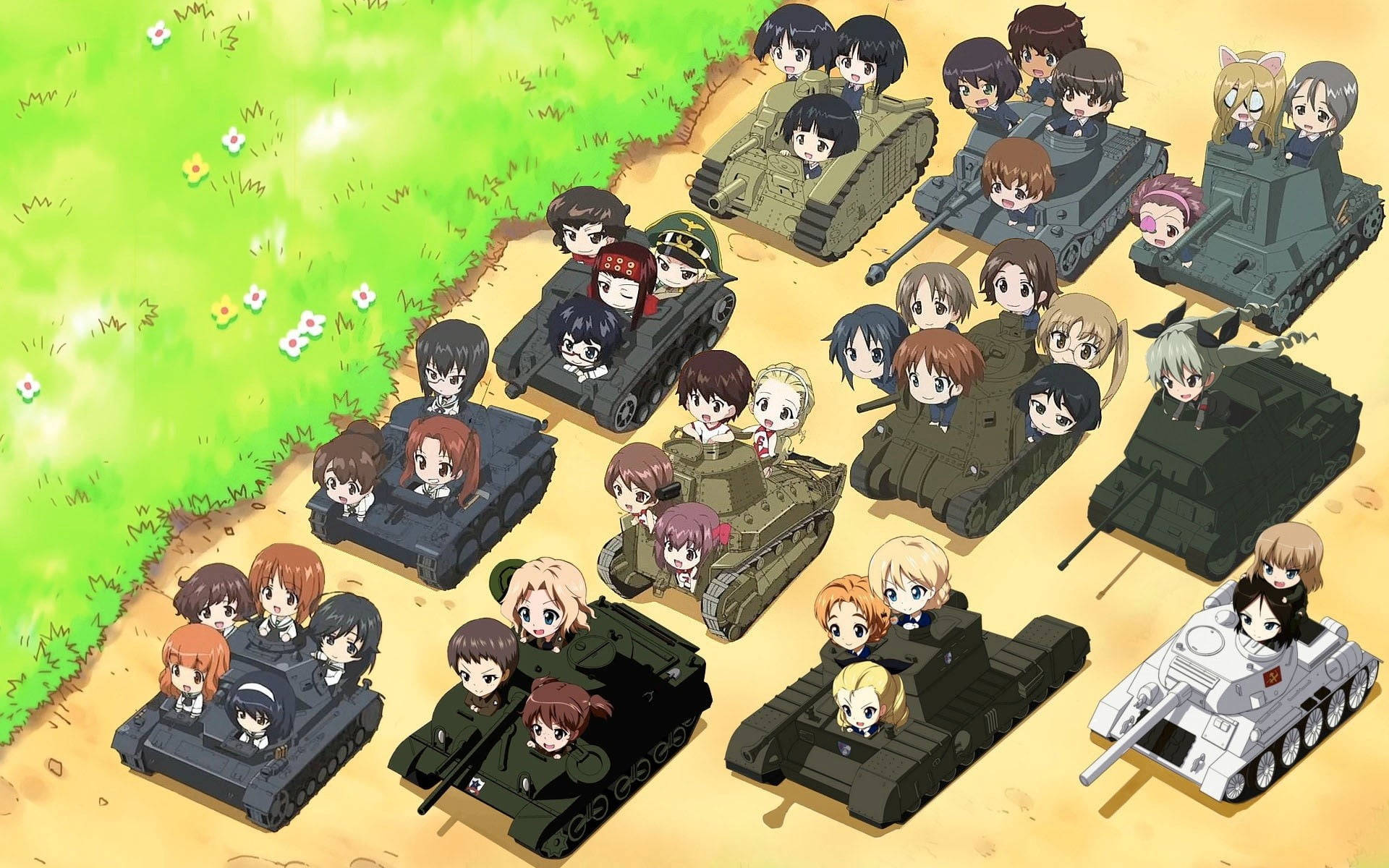 Chibi Anime 桌布 壁紙 — 大眼睛的動漫風格Q版角色在開滿白花的草地上騎乘各種坦克。