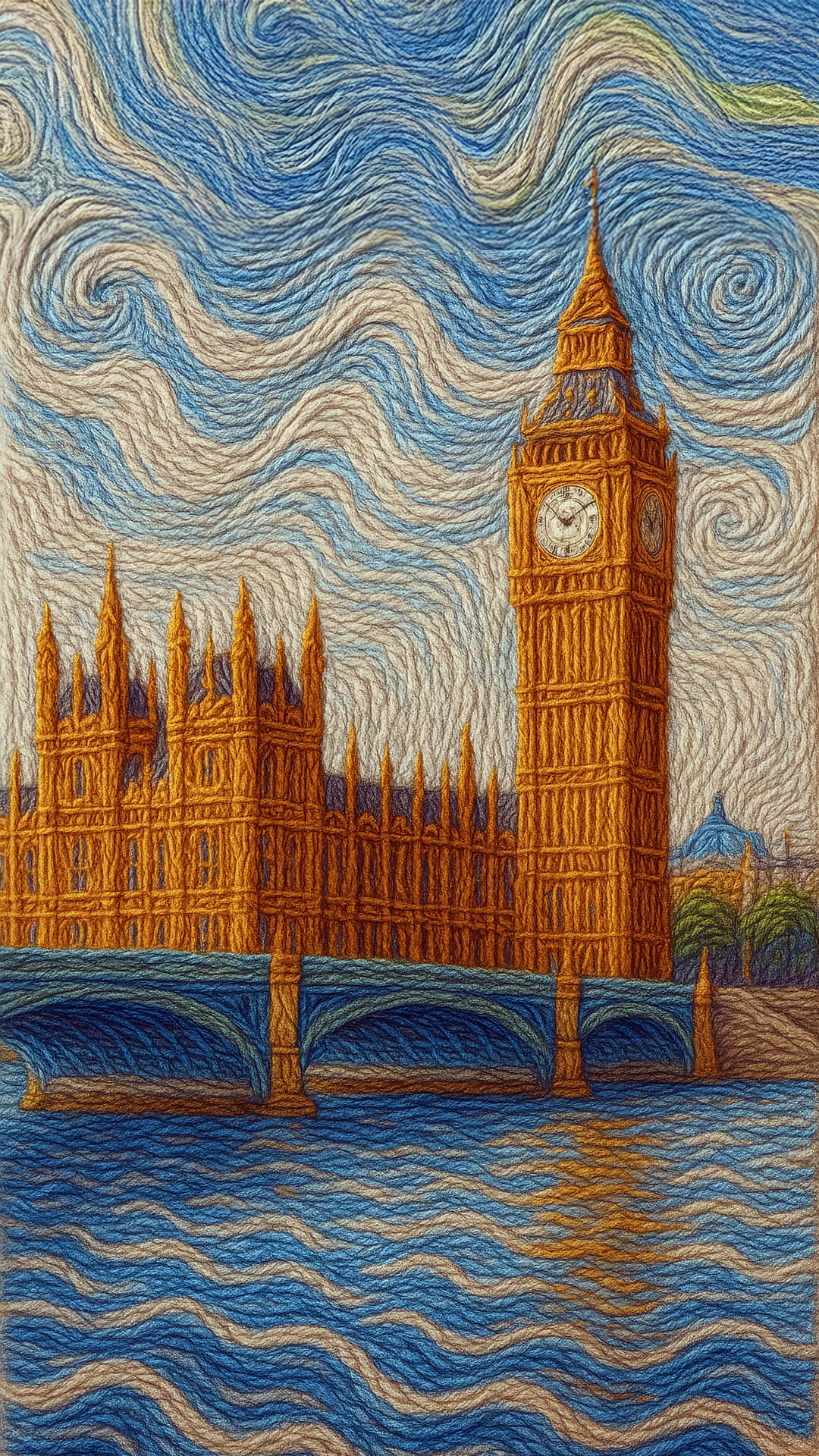 Starry Night Over London 壁紙 — 大笨鐘和國會大廈以旋轉的藍色和金色刺繡風格呈現在星空下。