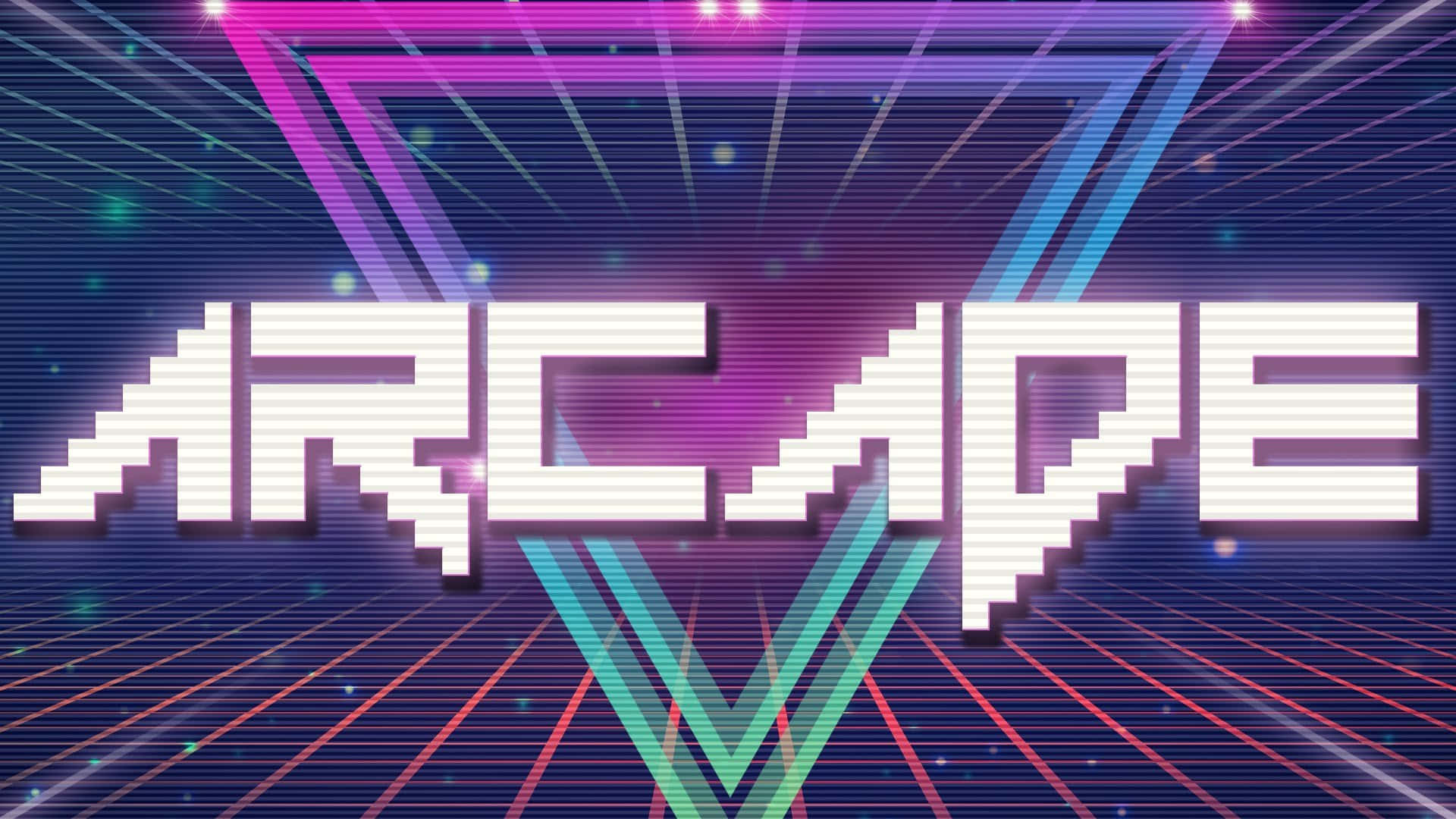 arcade 桌布 壁紙 — 大膽像素化的「ARCADE」文字在充滿活力的復古未來風格網格上發光，配有霓虹燈和星爆效果。
