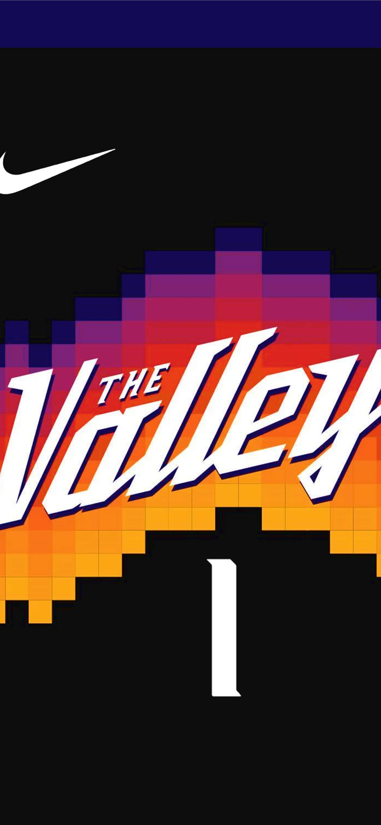 桌布 壁紙 — 大膽像素化的 'The Valley' 標誌，漸層橙紫色襯黑色背景，附有Nike勾勾和數字一。