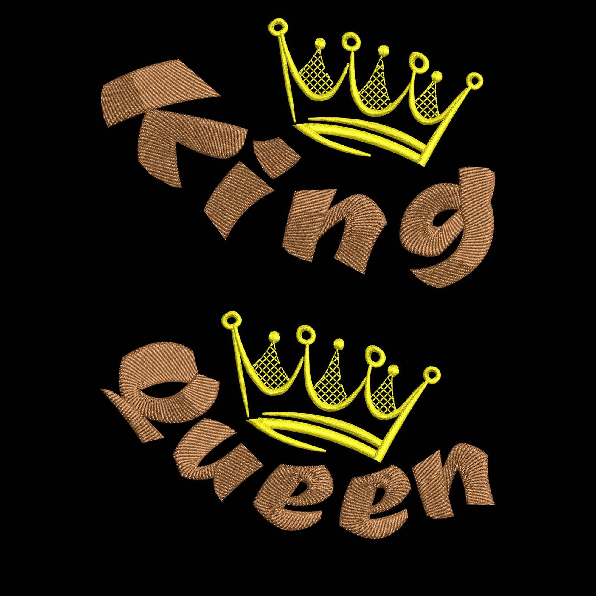 King And Queen 桌布 壁紙 — 大膽刺繡的國王與王后文字，搭配金色皇冠，襯以純黑背景。