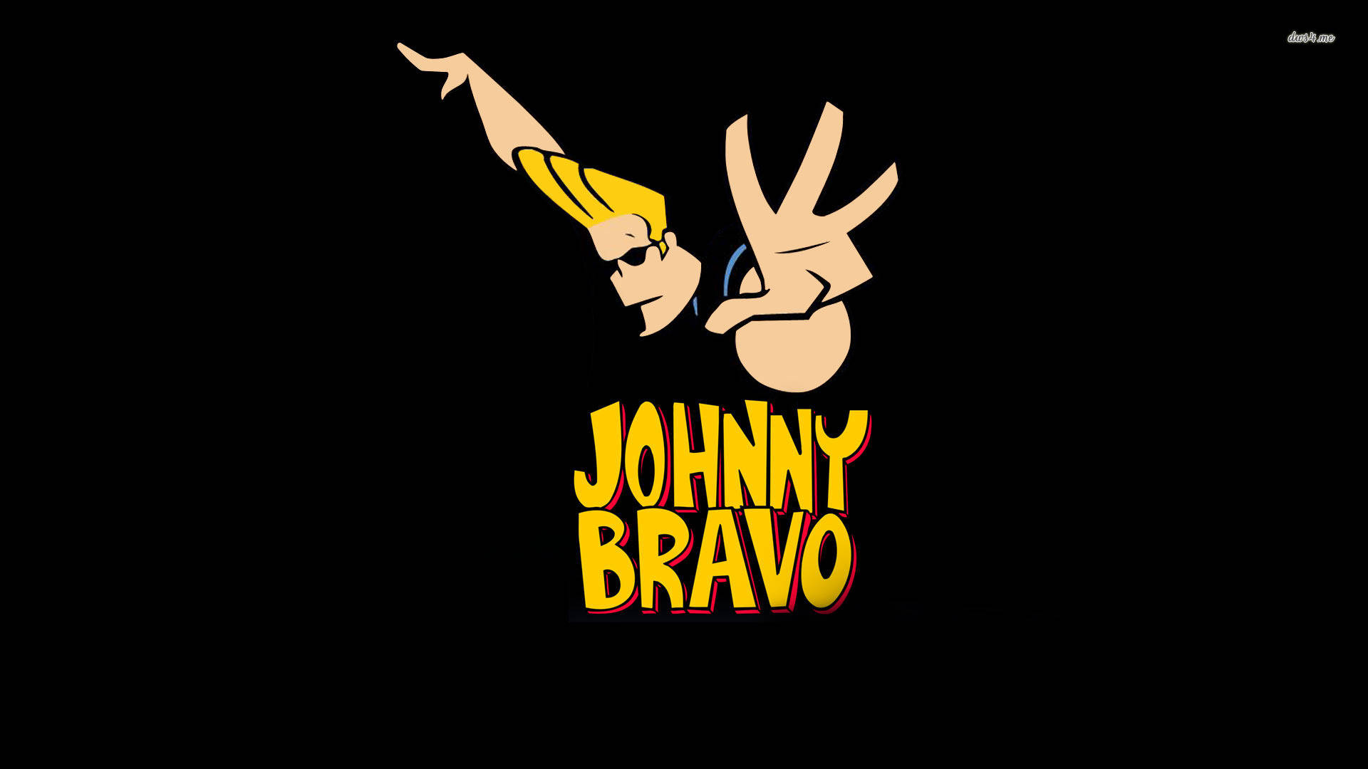 bravo 桌布 壁紙 — 大膽卡通角色Johnny Bravo以自信姿勢，搭配標誌性黃色頭髮和太陽眼鏡，在黑色背景前。