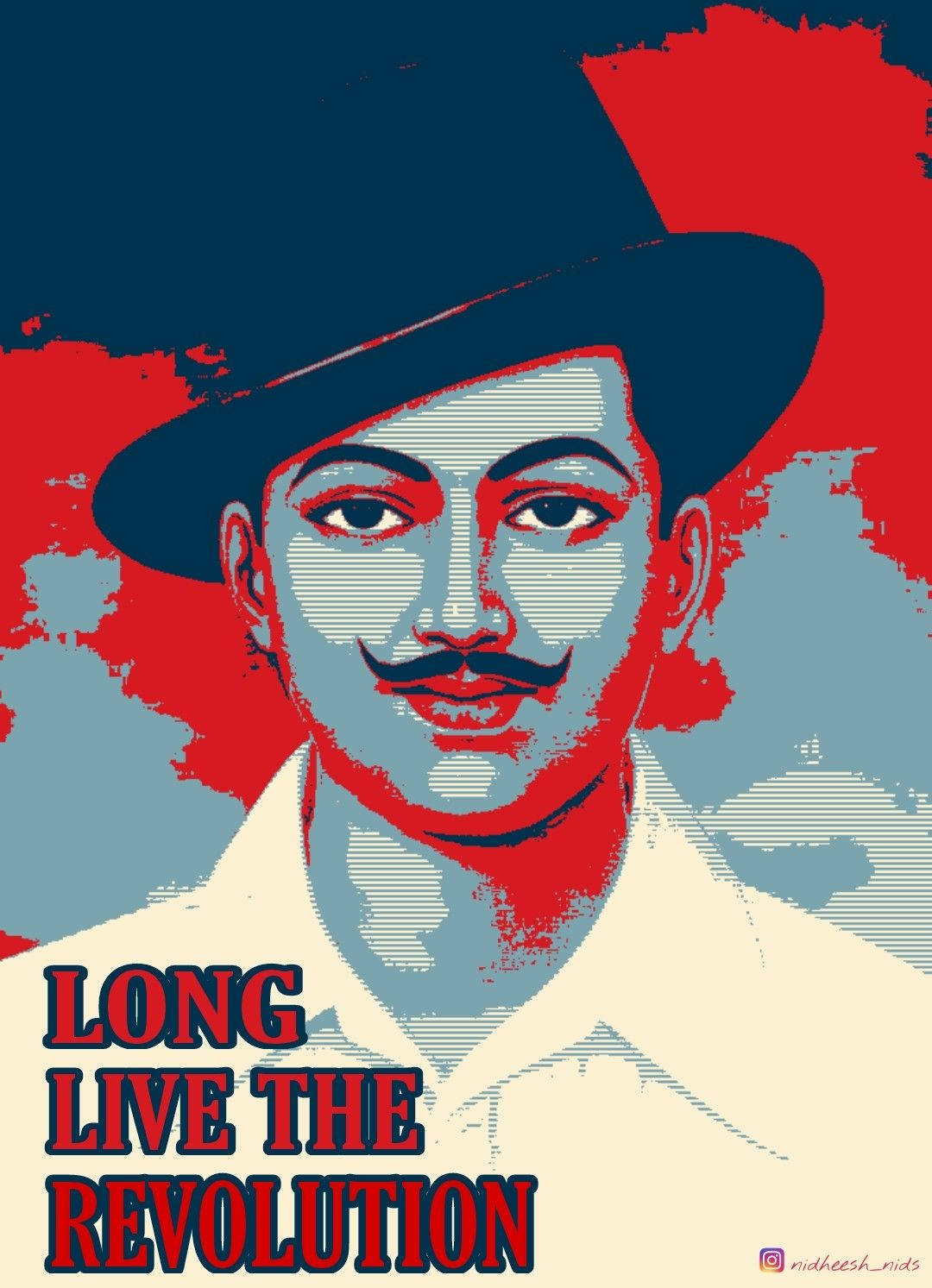 Shaheed Bhagat Singh 桌布 壁紙 — 大膽圖像風格肖像，一名留鬍子戴帽子的男士，背景為紅、藍、米色，文字為革命萬歲。