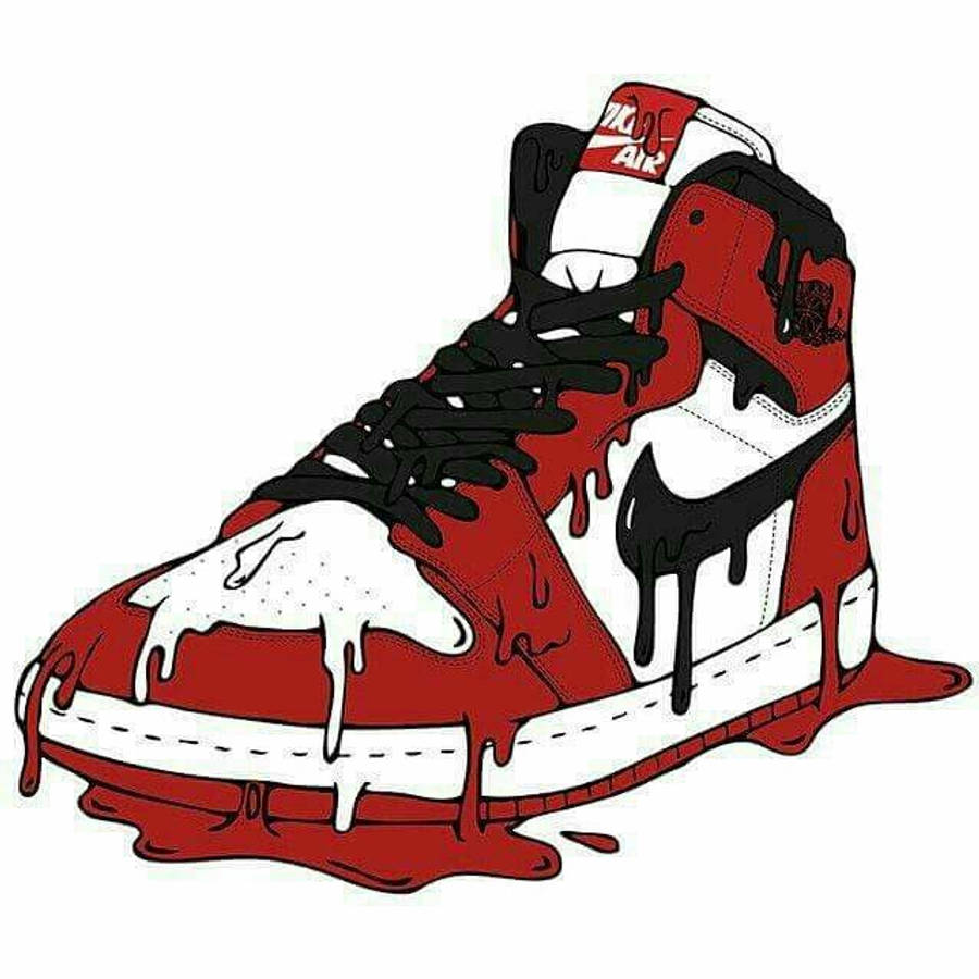 Air Jordan 桌布 壁紙 — 大膽塗鴉風格插圖中，一雙紅白高筒運動鞋滴落黑色和紅色油漆。