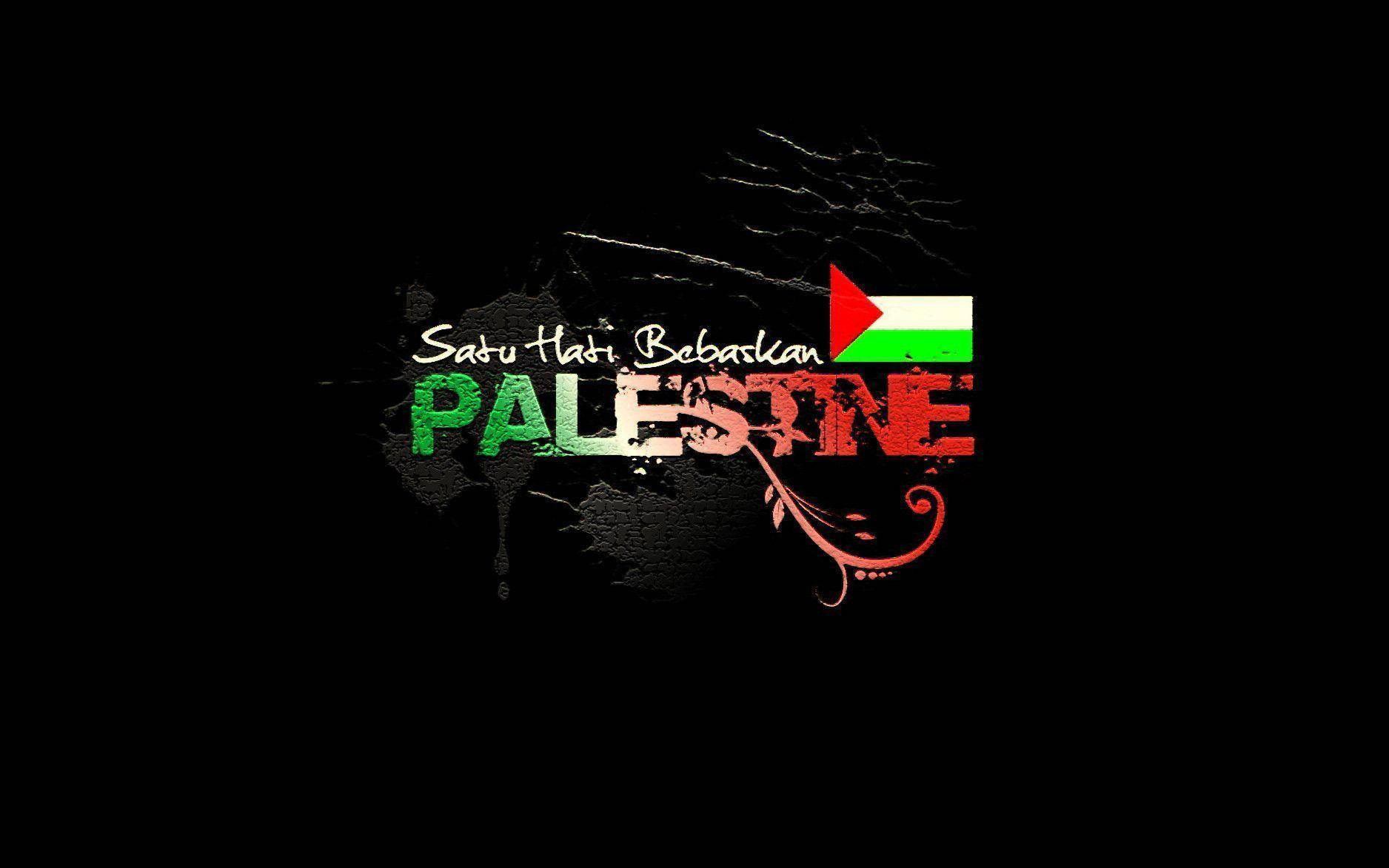 Palestine 桌布 壁紙 — 大膽塗鴉風格文字 'Satu Hati Bebaskan PALESTINE'，搭配巴勒斯坦國旗顏色，黑色背景帶有潑濺效果。