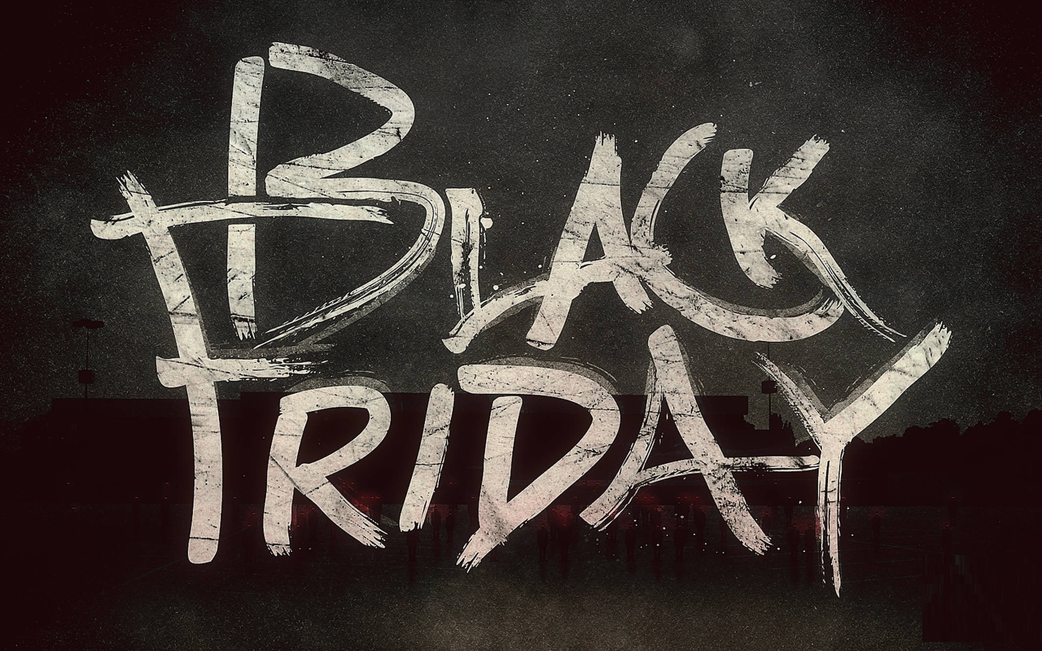 Friday 桌布 壁紙 — 大膽塗鴉風格的「BLACK FRIDAY」文字，以白色油漆噴濺在深色紋理牆上，下方有模糊的城市剪影。
