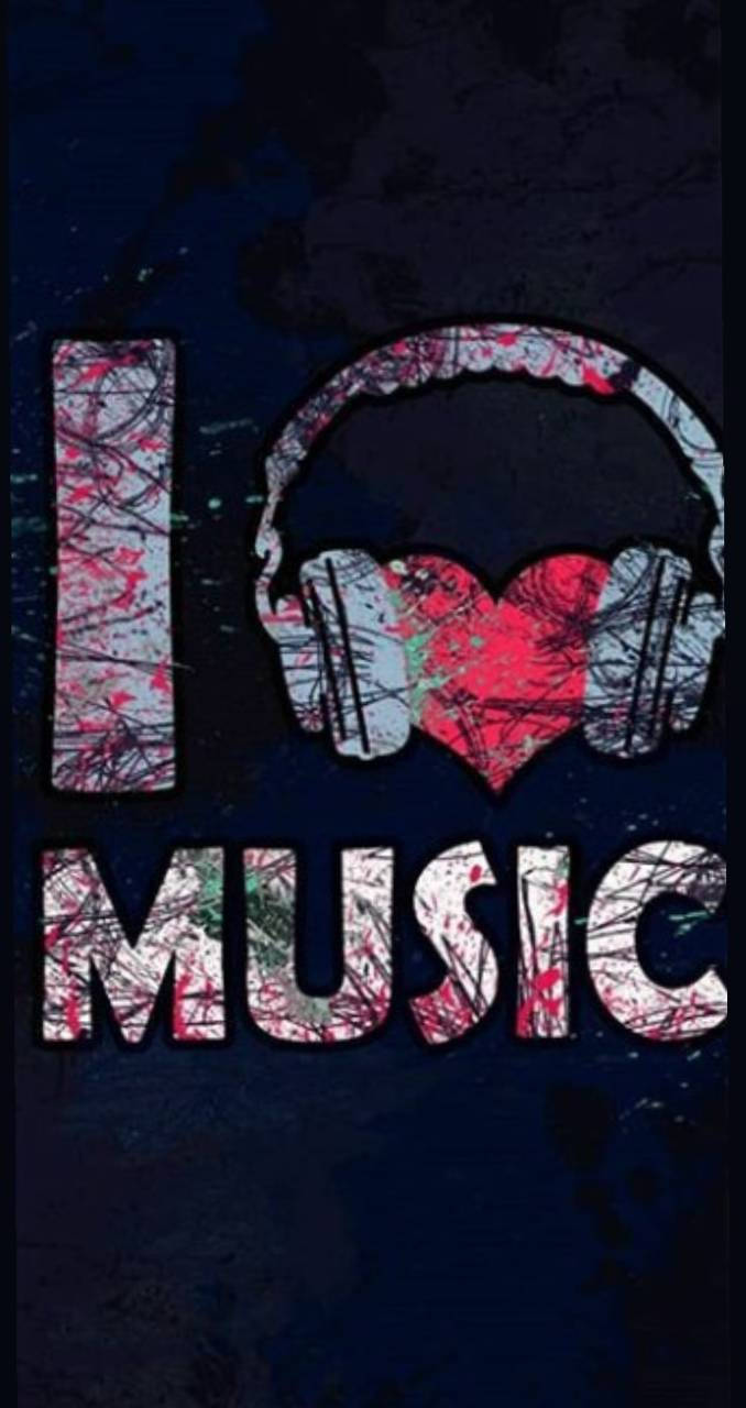 音樂 桌布 壁紙 — 大膽塗鴉風格的「I ❤️ MUSIC」圖案，耳機形成心形，背景為深色紋理。
