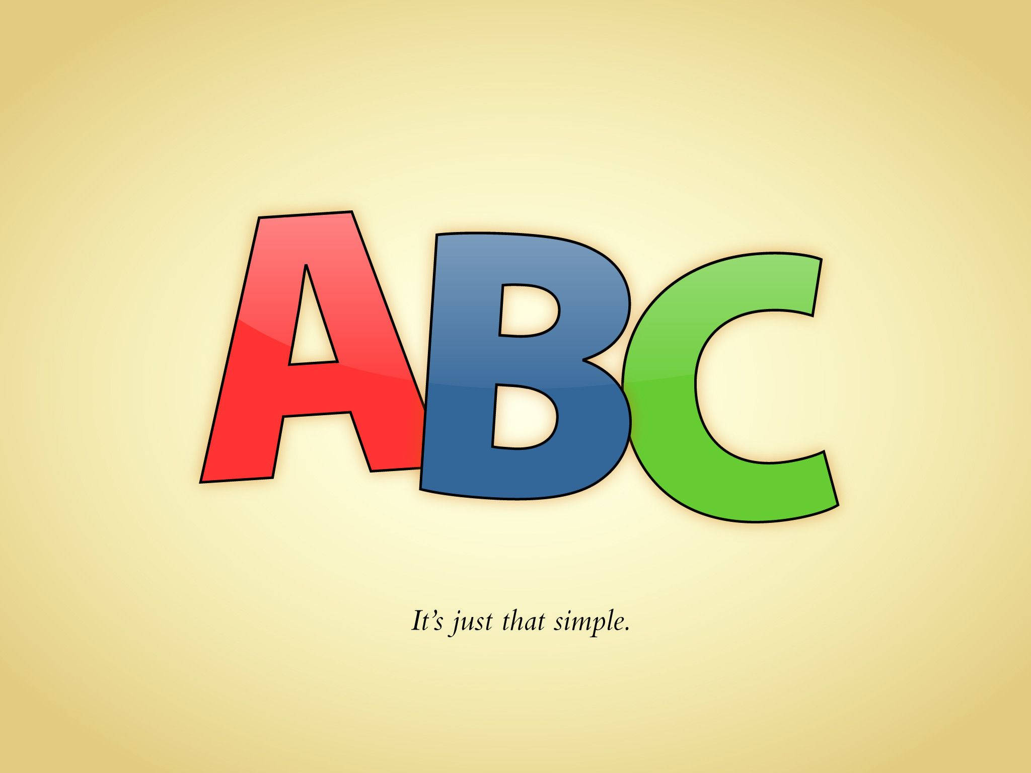 Abc 桌布 壁紙 — 大膽多彩的ABC字母在柔和的黃色漸變背景上發光，下方有簡單的標語。