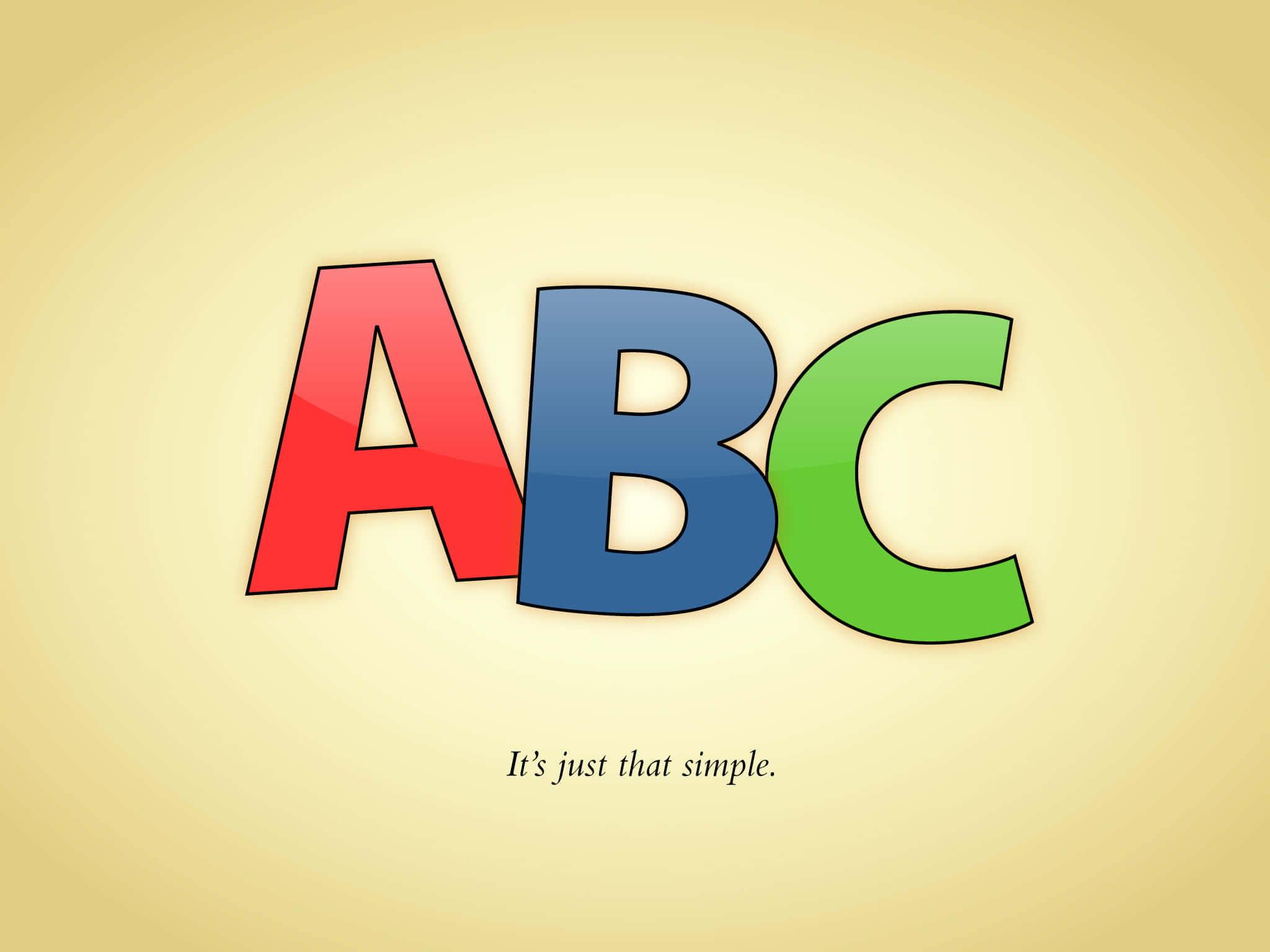 abc 桌布 壁紙 — 大膽多彩的字母ABC在柔和的黃色背景上發光，並帶有「就是這麼簡單」的短語。